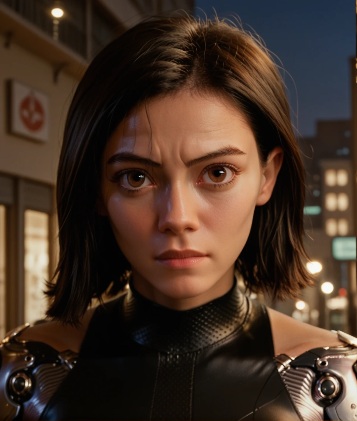 <lora:Alita:0.7> alita, cyborg, berserker body, portrait, brown eyes, face photo, hyper detailed, 1girl, solo, black bodysuit, at night, city background
sharp focus, score_9, score_8_up, score_7_up, score_6_up, score_5_up, score_4_up