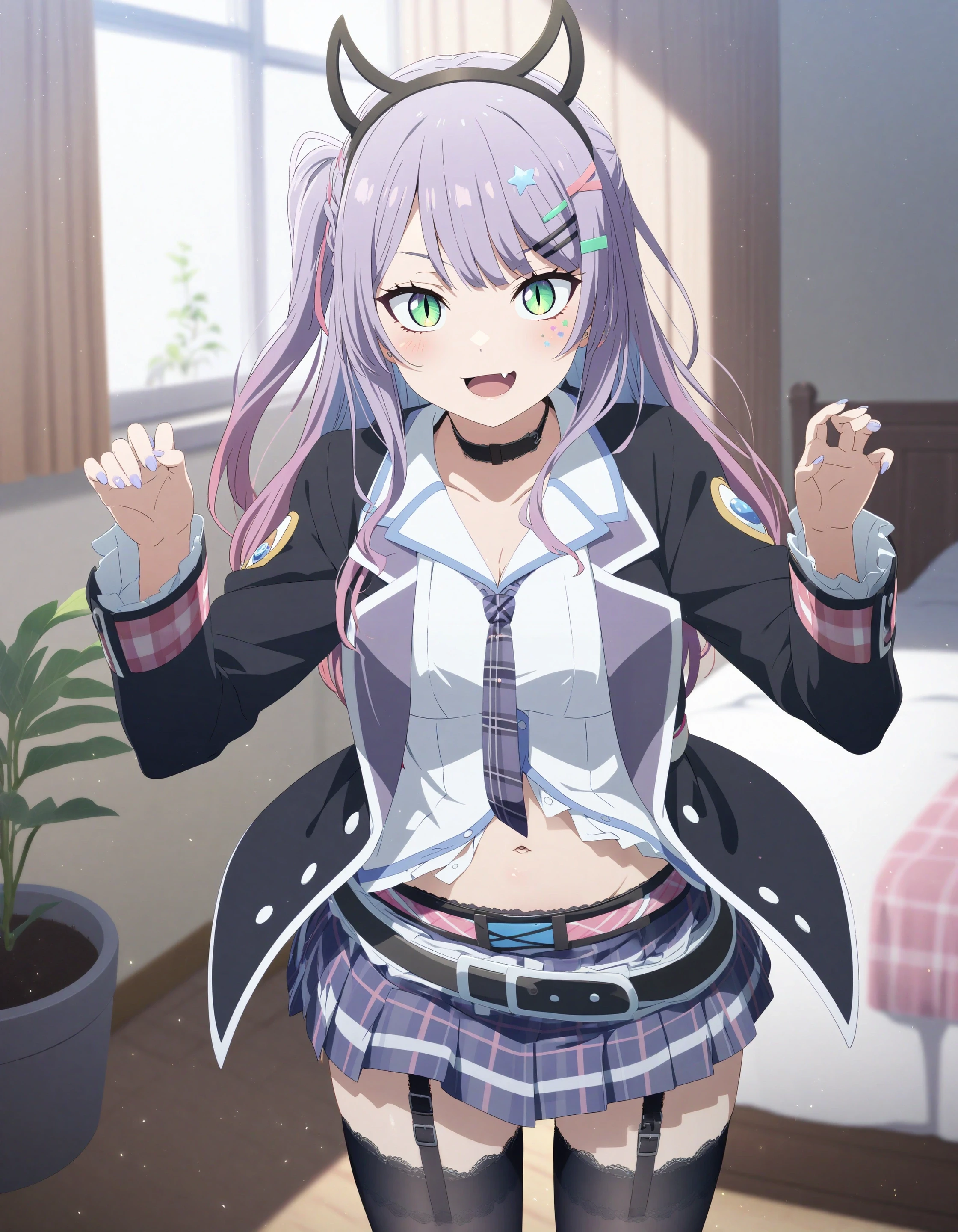 1girl, sata nakia, sousou no frieren, key visual,
slit pupils, :d, fang,
hairclip, star hair ornament, fake horns, black horns,
plaid skirt, white shirt, navel, belt, jacket, necktie,
garter straps, black thighhighs, 
indoors, potted plant, light particles,
<lora:char_sata_nakia-rls:1>