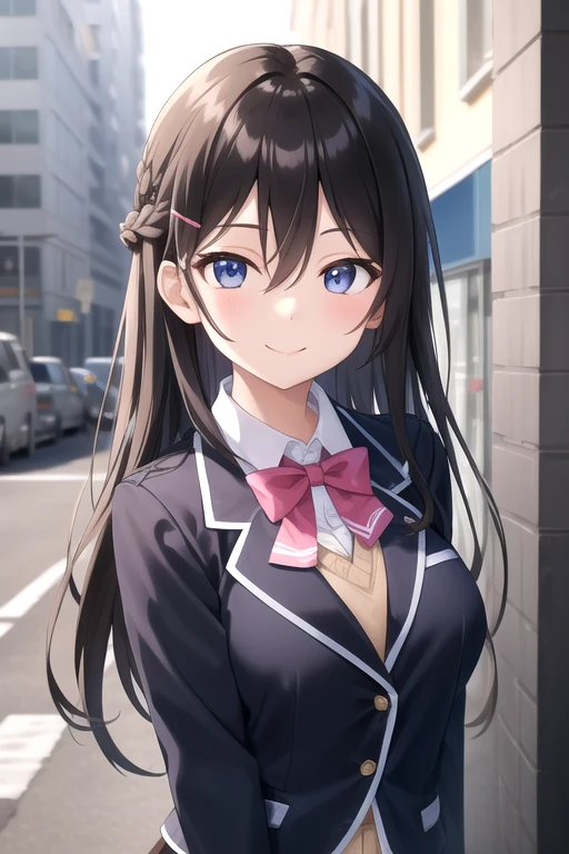 ((masterpiece)),(best quality),official art,extremely delicate and beautiful,extremely detailed CG,unity 8k wallpaper,ultra detailed,beautiful detailed eyes,extremely detailed face,outdoors,1girl,solo,upper body,(portrait:1.5),looking at viewer,facing viewer,smile,Tsukino Mito,very long hair,black hair,french braid,hair ornament,hairclip,hair between eyes,parted bangs,blue eyes,school uniform,black jacket,blazer,wing collar,pink bowtie,yellow sweater vest,white shirt,collared shirt,dress shirt,large breasts,skindentation,long sleeves,miniskirt,black skirt,plaid skirt,pleated skirt,frilled skirt,zettai ryouiki,white thighhighs,loafers,<lora:Tsukino Mito(vl)>,