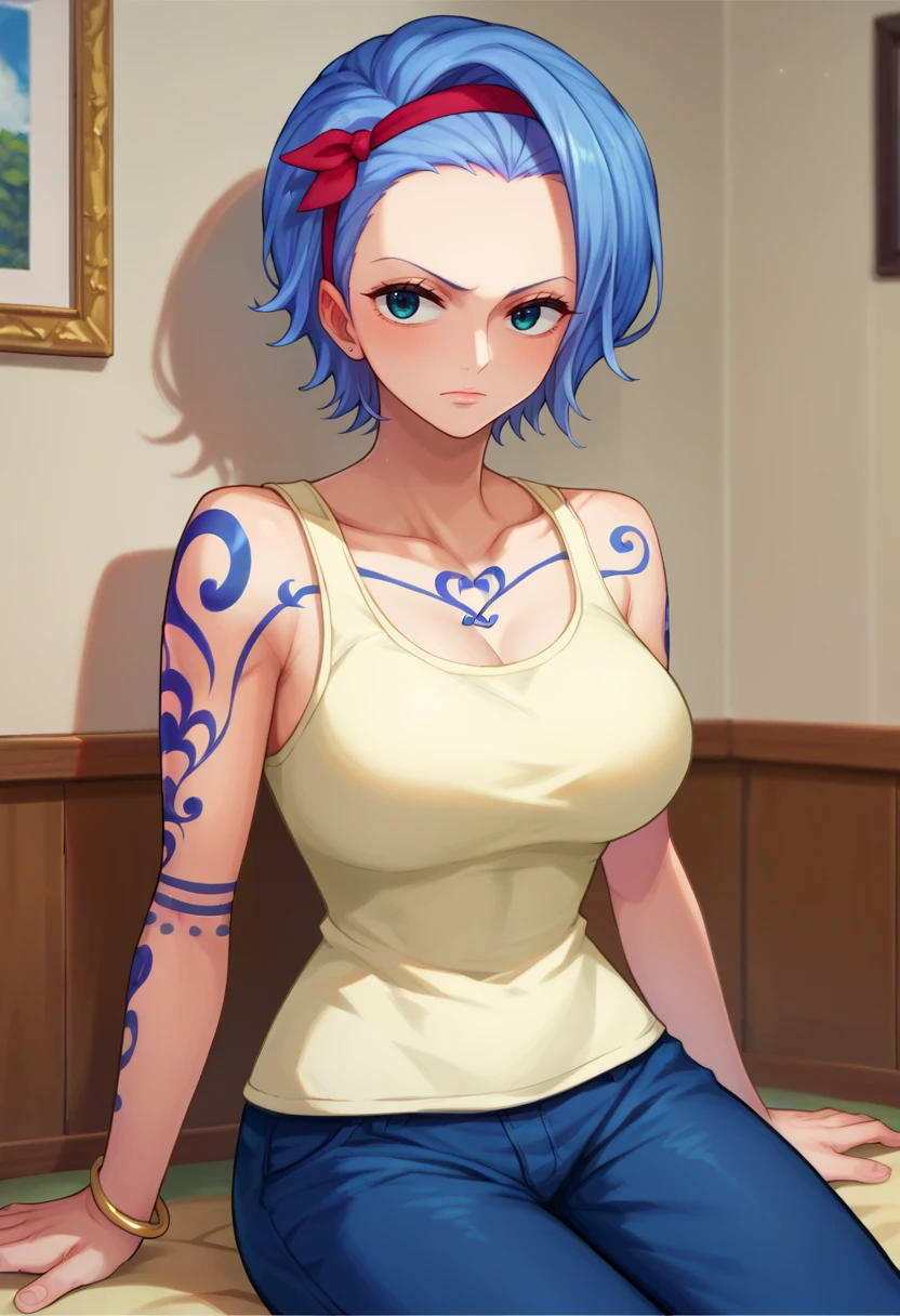 score_9,score_8_up,score_7_up,score_9,score_8_up,score_8,ultra detailed,beautiful face,highres BREAK <lora:nojiko:1>,nojikoSDXL,1girl,solo,short hair,blue hair,blue pants,light blue eyes,bracelet,hairband,tank top,tattoo,tattoo arm, tattoo chest,cowboy shot,room,room background, sitting,