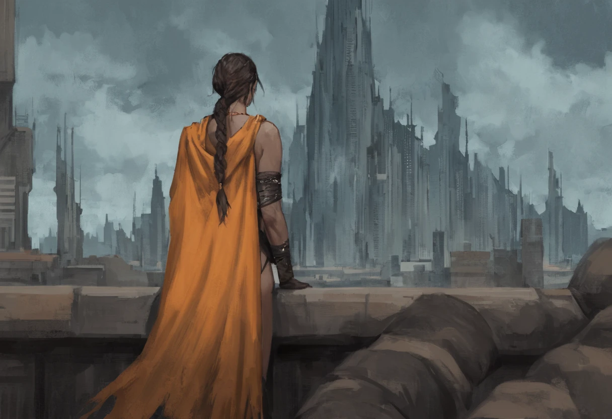 A digital painting of a  beautiful woman with braided ponytail hairstyle and a big ass, standing on a rooftop in a hive city. She is ragged robes that are torn. She is looking out over the city with a hopeless expression on her face. The city is in the background and is made up of tall buildings and towers. The sky is orange and there are clouds in the distance. By Miguel Iglesias.
ass, extremely detailed, moody, from behind,
 <lora:Hive-City:1>