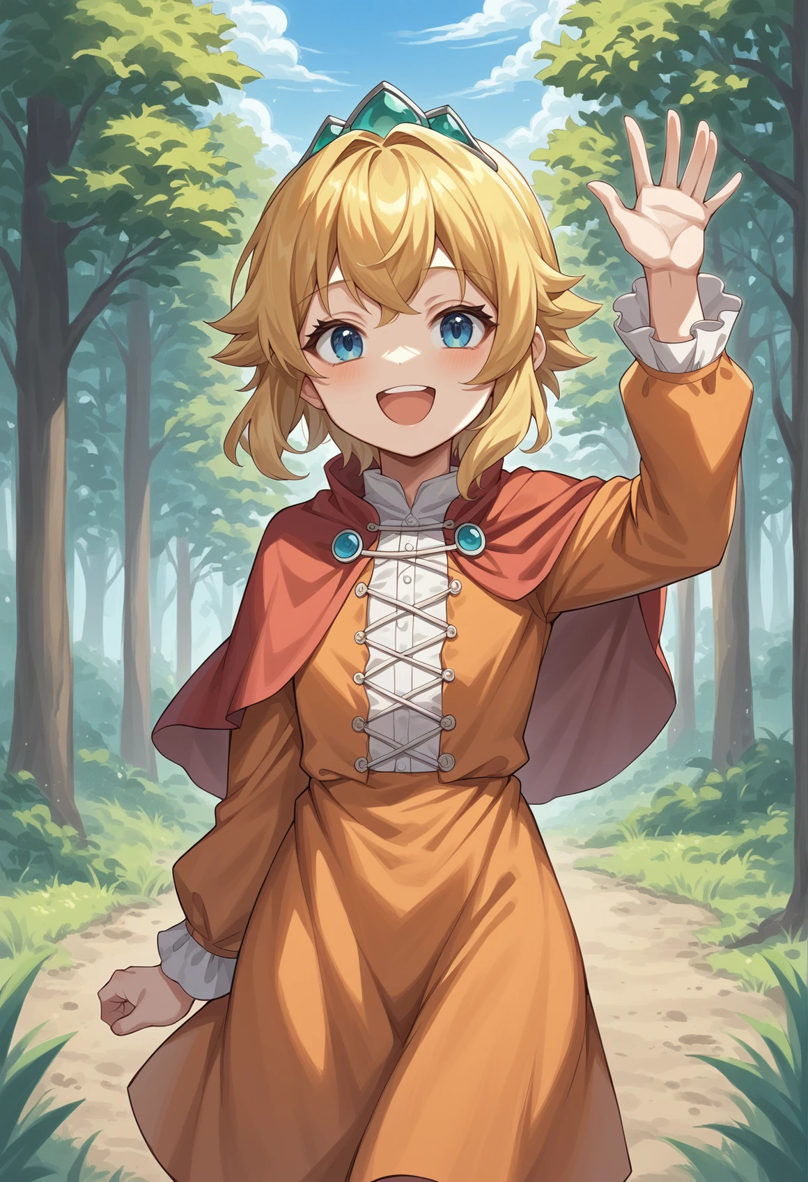 1girl, blonde hair, short hair, blue eyes, tiara, capelet, white shirt, orange dress, long sleeves, frills, hand up, arm up, waving, outdoors, forest, smile, open mouth, upper teeth only, flat chest   <lora:Little_Princess_Guardian_tales:1>, score_9, score_8_up, score_7_up, score_6_up, score_5_up, score_4_up, BREAK source_anime, masterpiece