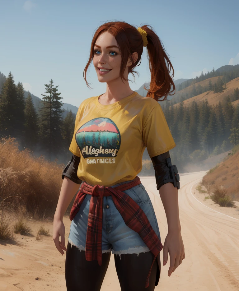 hollyb4b,blue eyes,brown hair,ponytail,   
yellow shirt,elbow pads,clothes around waist,shorts,pantyhose,
standing,
light smile,
camp,outdoors,
(insanely detailed,  masterpiece, best quality),solo,<lora:hollyB4B:0.8>,