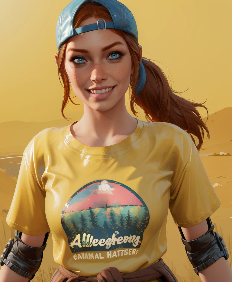 hollyb4b,blue eyes,brown hair,ponytail,
backwards cap,yellow shirt,elbow pads,clothes around waist,
standing,upper body,
light smile,
camp,
(insanely detailed,  masterpiece, best quality),solo,<lora:hollyB4B:0.9>,