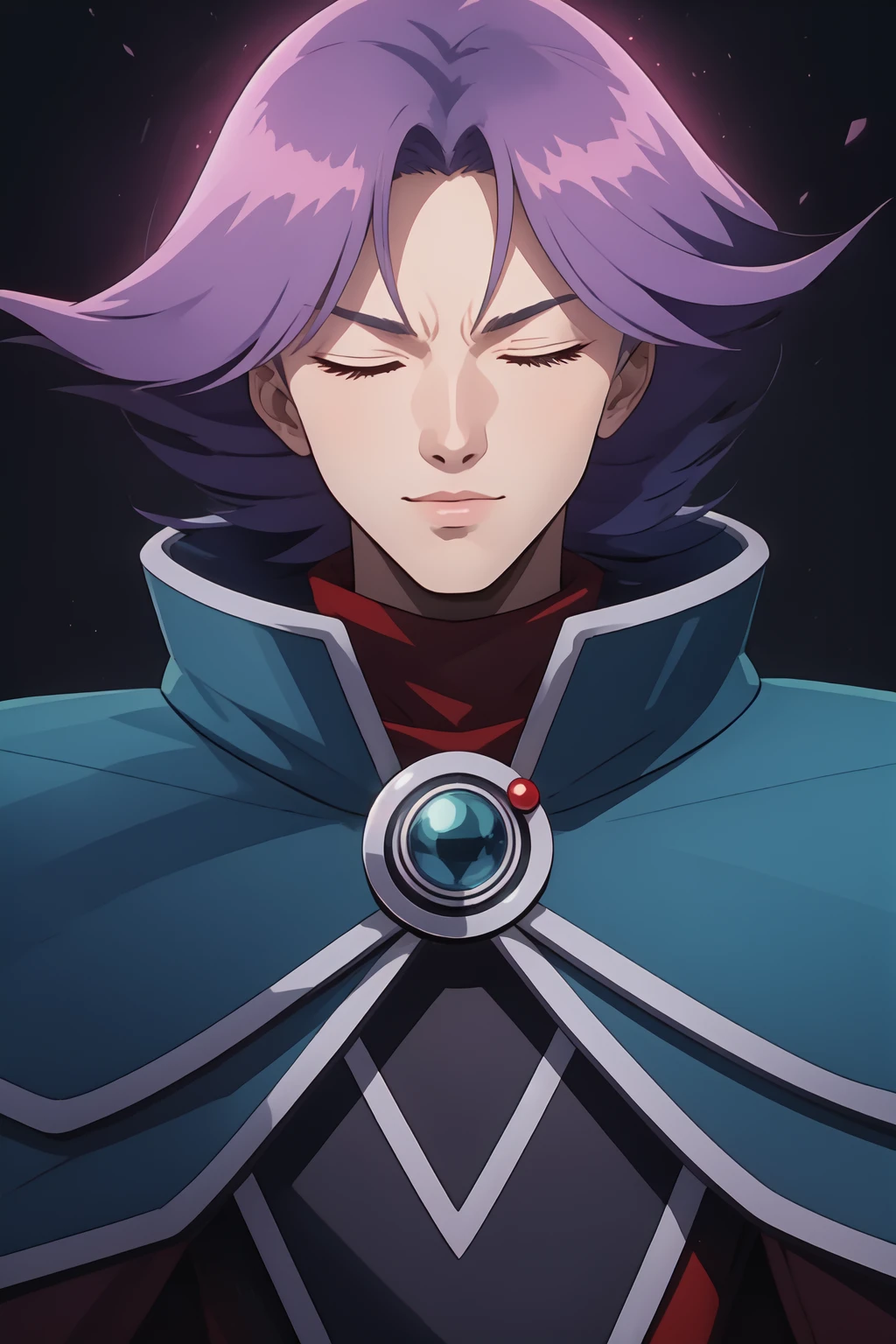 (rezo:1.4), upper body portrait, male,purple hair, solo,pauldrons, armor, cape, looking at viewer, vibrant colors, colorful, standing, blind, concept art, character_sheet, long hair, eyes closed, lips,  <lora:rezo-10v2:0.61>, red aura, bokeh, glowing, lightning, abstract background,