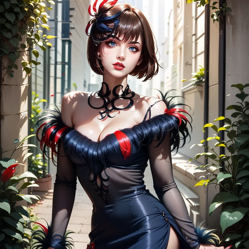 1girl, solo, breasts, looking at viewer, short hair, bangs, blue eyes, brown hair, long sleeves, dress, medium breasts, standing, ass, nail polish, black footwear, high heels, lips, see-through, makeup, mask, leg up, bob cut, standing on one leg, feathers, lipstick, fishnets, red nails, red lips, feather trim, black feathers,