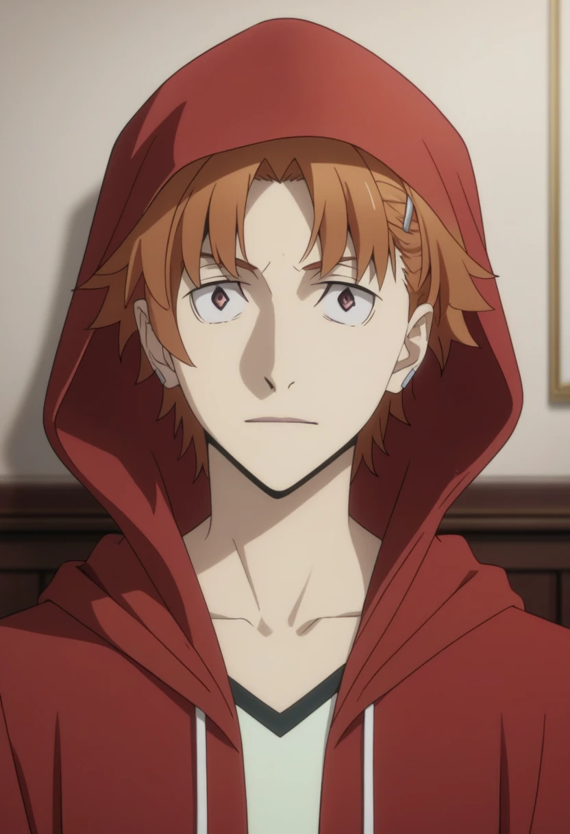 score_9, score_8_up, score_7_up, score_6_up, highly detailed, masterpiece, best quality,detailed,intricate details, amazing quality, best aesthetic, absurdres,source_anime,
Junichirou Tanizaki, orange hair, orange eyes,
hairclip,
1boy,
male focus,
red HOODIE, hood up<lora:EMS-398888-EMS:1.000000>