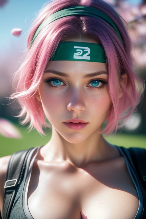 1girl,solo,breasts,looking at viewer,short hair,blue eyes,cleavage,green eyes,pink hair,hairband,sleeveless,blurry,lips,petals,eyelashes,blurry background,headband,facial mark,cherry blossoms,wind,portrait,zipper,forehead mark,realistic,