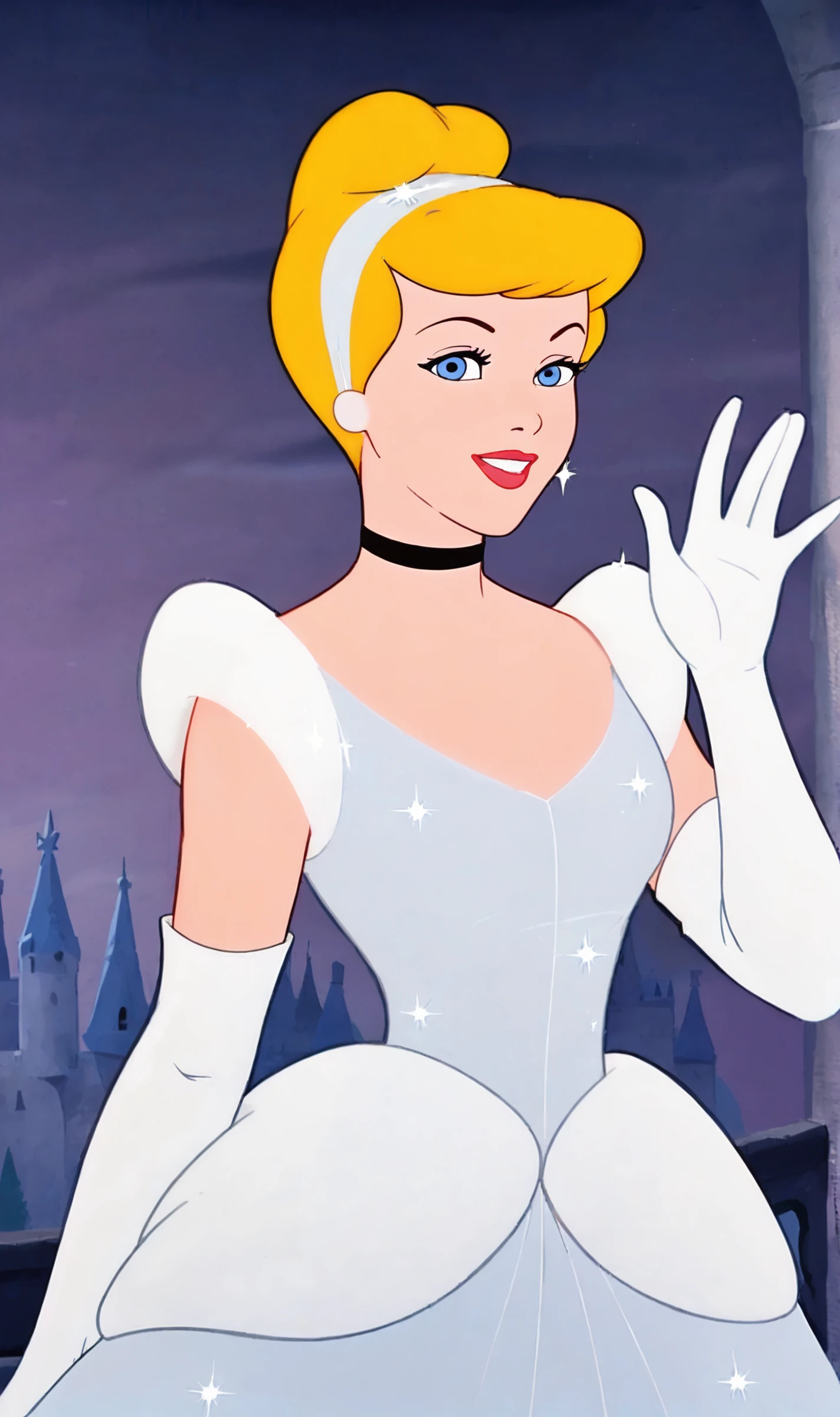 CI, 1girl, solo, score_9, score_8_up, score_7_up, blonde hair updo, white hairband, blue eyes, gown, black choker, smile, white elbow gloves, sparkles, looking at viewer, waving at viewer, castle background,<lora:Cinderella Pony XL:0.8>