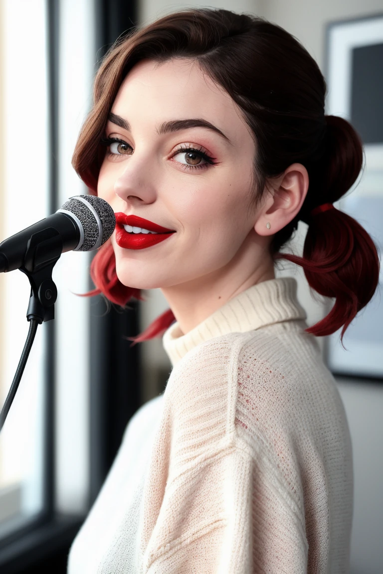 fran, , ,((red lipstick, blush)), ,photo of a woman, RAW, ((sweater, home office, bedroom, broadcaster microphone)), ((twintails, short hair)), ((detailed skin, detailed face):1.2), ((detailed eyes, beautiful eyes)), 8k uhd, dslr, soft lighting, high quality, film grain, Fujifilm XT3 sharp focus, f 5.6,((red lipstick, pale skin)) , smiling
