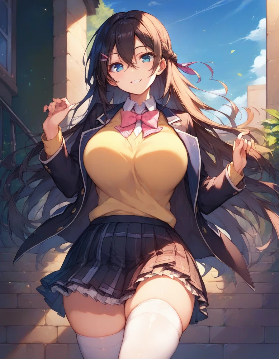 score_9,score_8_up,score_7_up,score_6_up,official art,solo,outdoors,smile,cowboy shot,looking at viewer,facing viewer,Tsukino Mito,very long hair,black hair,french braid,hair ornament,hairclip,hair between eyes,parted bangs,blue eyes,school uniform,black jacket,blazer,wing collar,pink bowtie,yellow sweater vest,white shirt,collared shirt,dress shirt,large breasts,skindentation,long sleeves,miniskirt,black skirt,plaid skirt,pleated skirt,frilled skirt,zettai ryouiki,white thighhighs,loafers,<lora:Tsukino Mito(vl)-Pony>,<lora:Smooth Anime Style LoRA XL>,