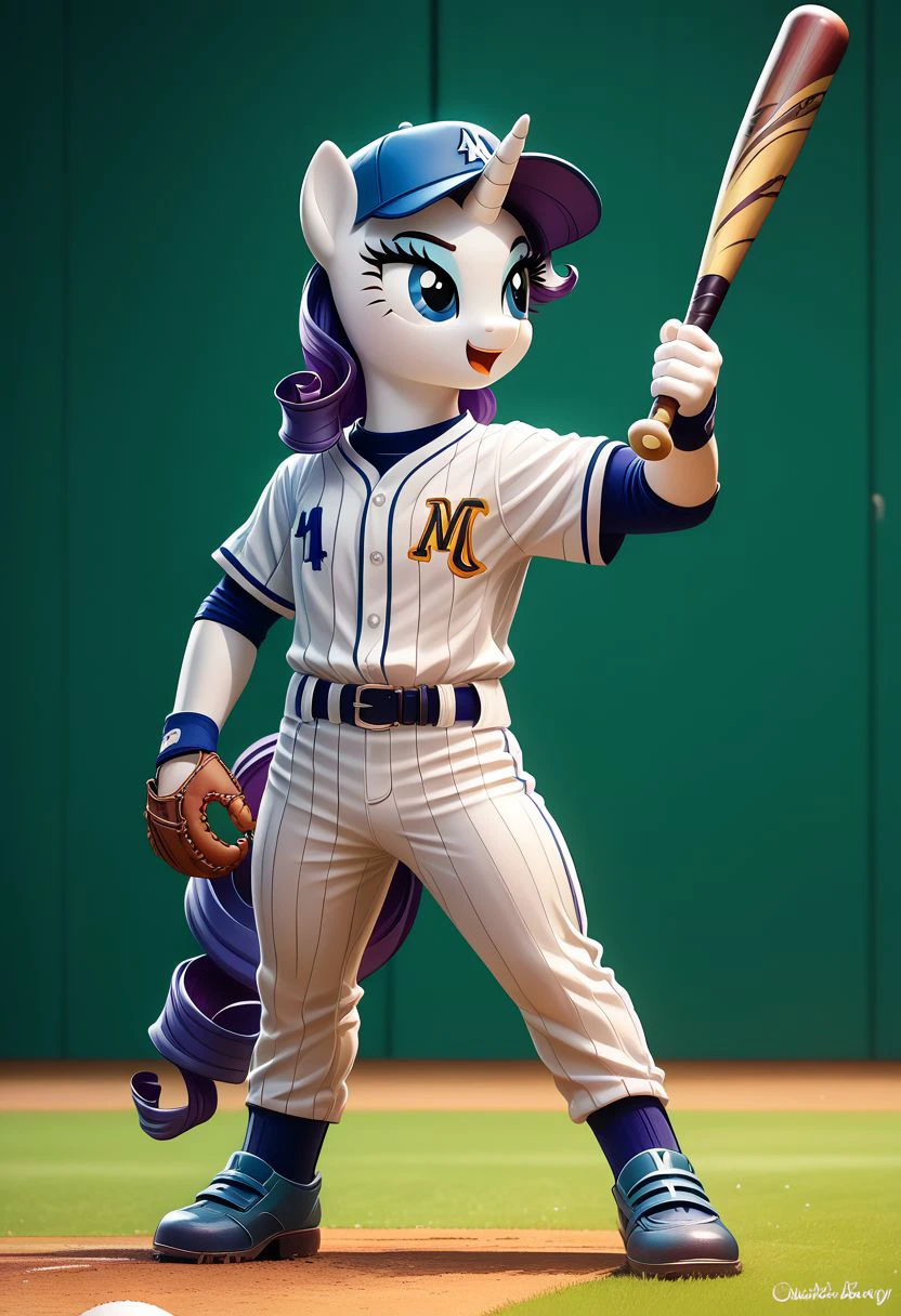 EnD_Niji_Sports, source_pony, Rarity playing baseball,  baseball cap, sportswear, white pants, baseball bat, baseball, baseball uniform, holding baseball bat, BREAK PonyXLV6_Scores