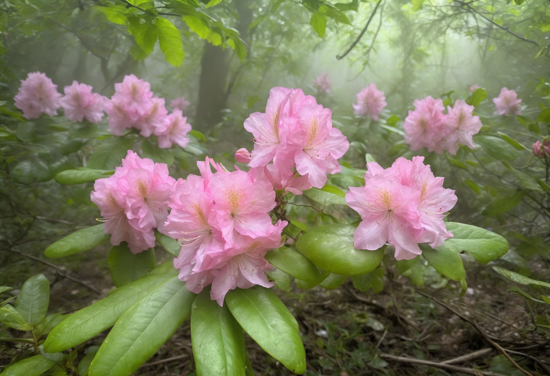 photo of fl0rRos1ta flower bush, in an enchanted forest, sparkling fairies, magical glow, misty surroundings, ethereal light, dreamlike quality, ultra-high definition, cinematic <lora:fl0rRos1ta_XL_epoch_8:0.8>