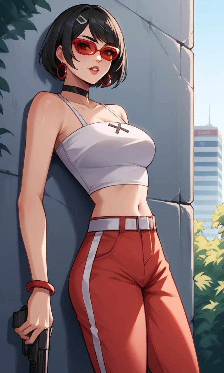 score_9, score_8_up, score_7_up, score_6_up, source_anime, BREAK masterpiece, EvieFN, short hair, black hair, hoop earrings, white top, midriff, sleeveless, red pants, red sunglasses, choker, breasts, white belt, leaning on wall, holding gun, building, forest, against wall, parted lips, 