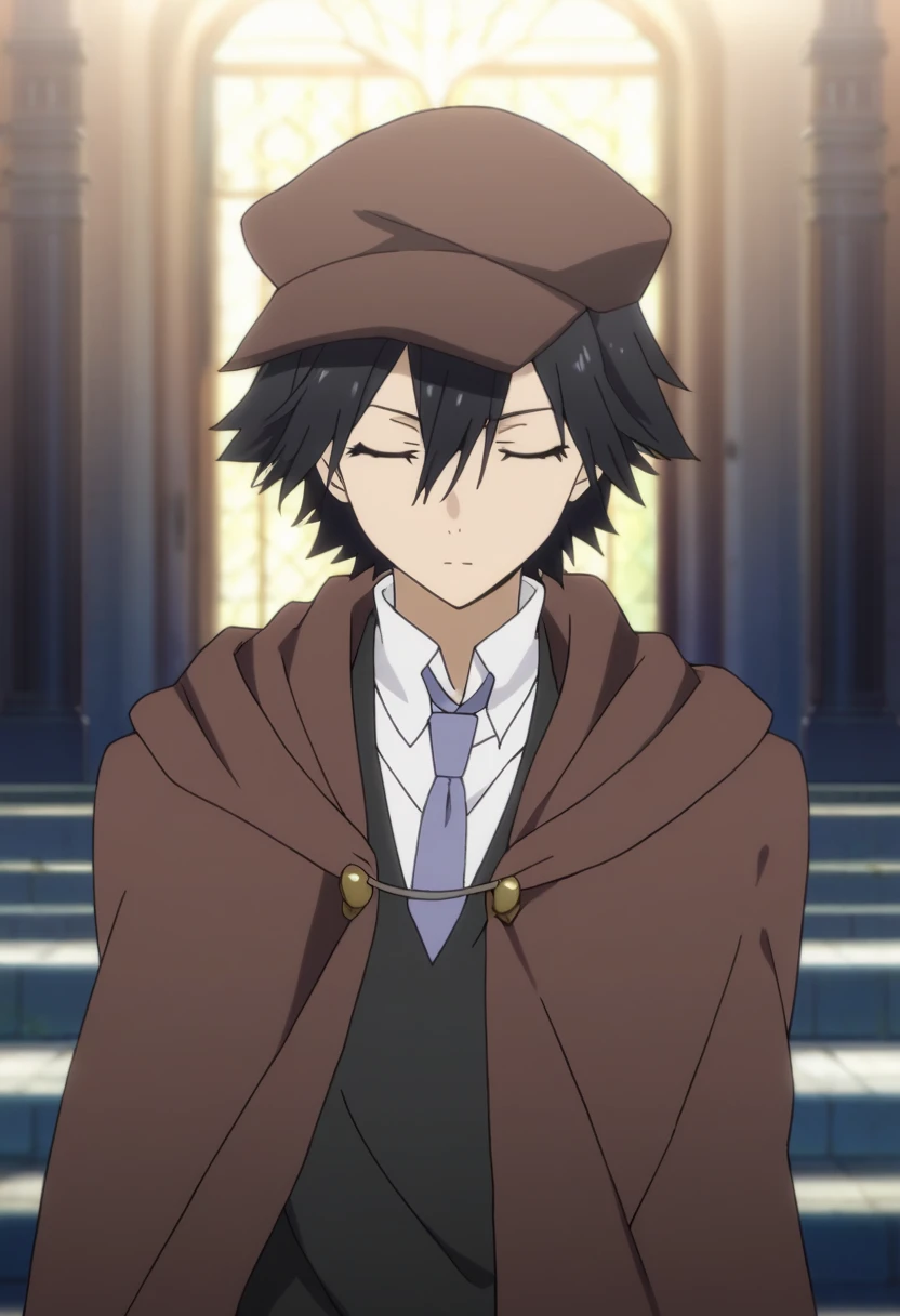 score_9, score_8_up, score_7_up, score_6_up, highly detailed, masterpiece, best quality,detailed,intricate details, amazing quality, best aesthetic, absurdres,source_anime,, ranpo edogawa, black hair, 1boy, male focus, solo, hat, necktie, cabbie hat, blue necktie, shirt, cloak, closed eyes<lora:EMS-398896-EMS:1.000000>