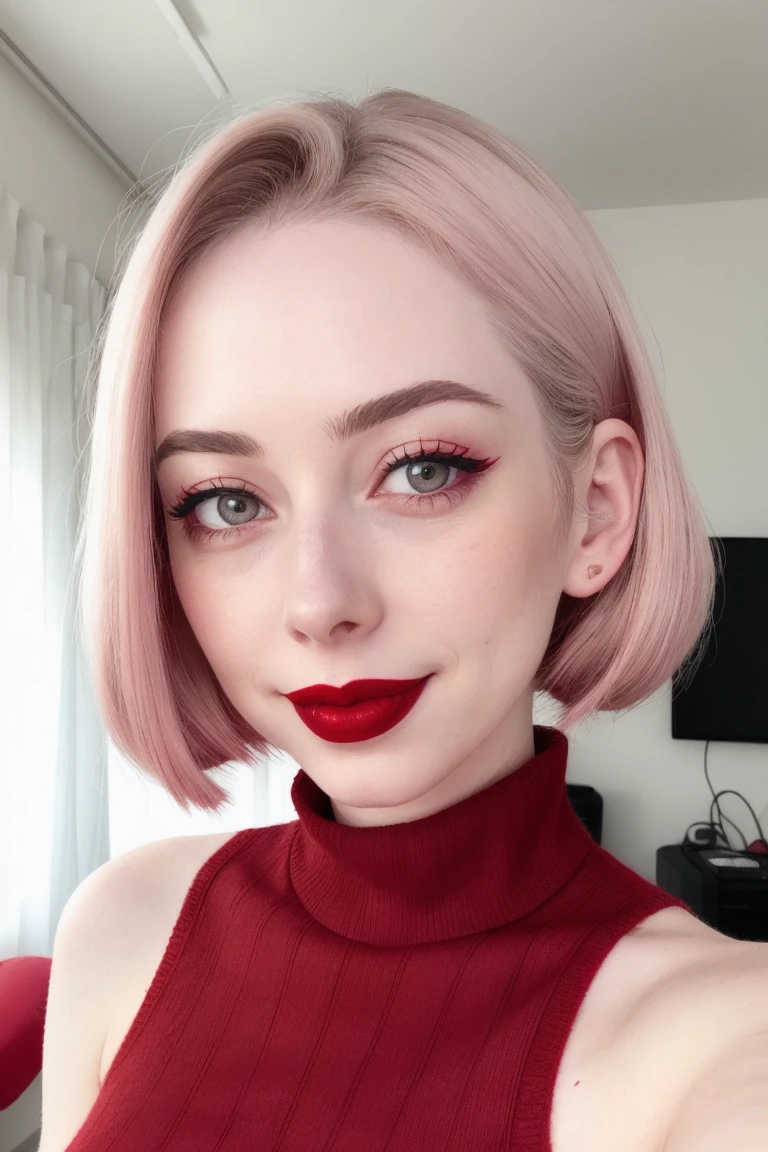 forestnymph, , , ,((red lipstick, blush)), ,photo of a woman, RAW, ((sweater, home office, bedroom, broadcaster microphone)), ((twintails, short hair)), ((detailed skin, detailed face):1.2), ((detailed eyes, beautiful eyes)), 8k uhd, dslr, soft lighting, high quality, film grain, Fujifilm XT3 sharp focus, f 5.6,((red lipstick, pale skin)) , smiling