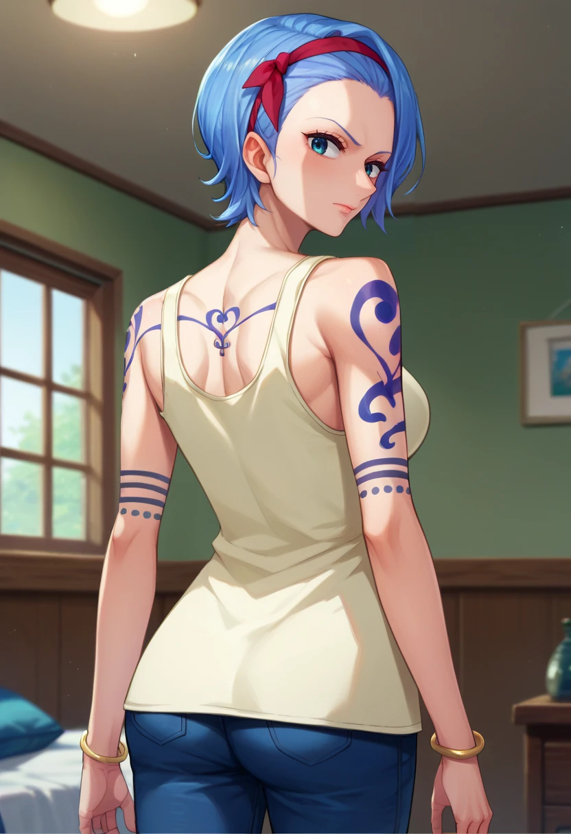 score_9,score_8_up,score_7_up,score_9,score_8_up,score_8,ultra detailed,beautiful face,highres BREAK <lora:nojiko:1>,nojikoSDXL,1girl,solo,short hair,blue hair,blue pants,light blue eyes,bracelet,hairband,tank top,tattoo,tattoo arm,tattoo chest,cowboy shot,room,room background,from behind, looking back,