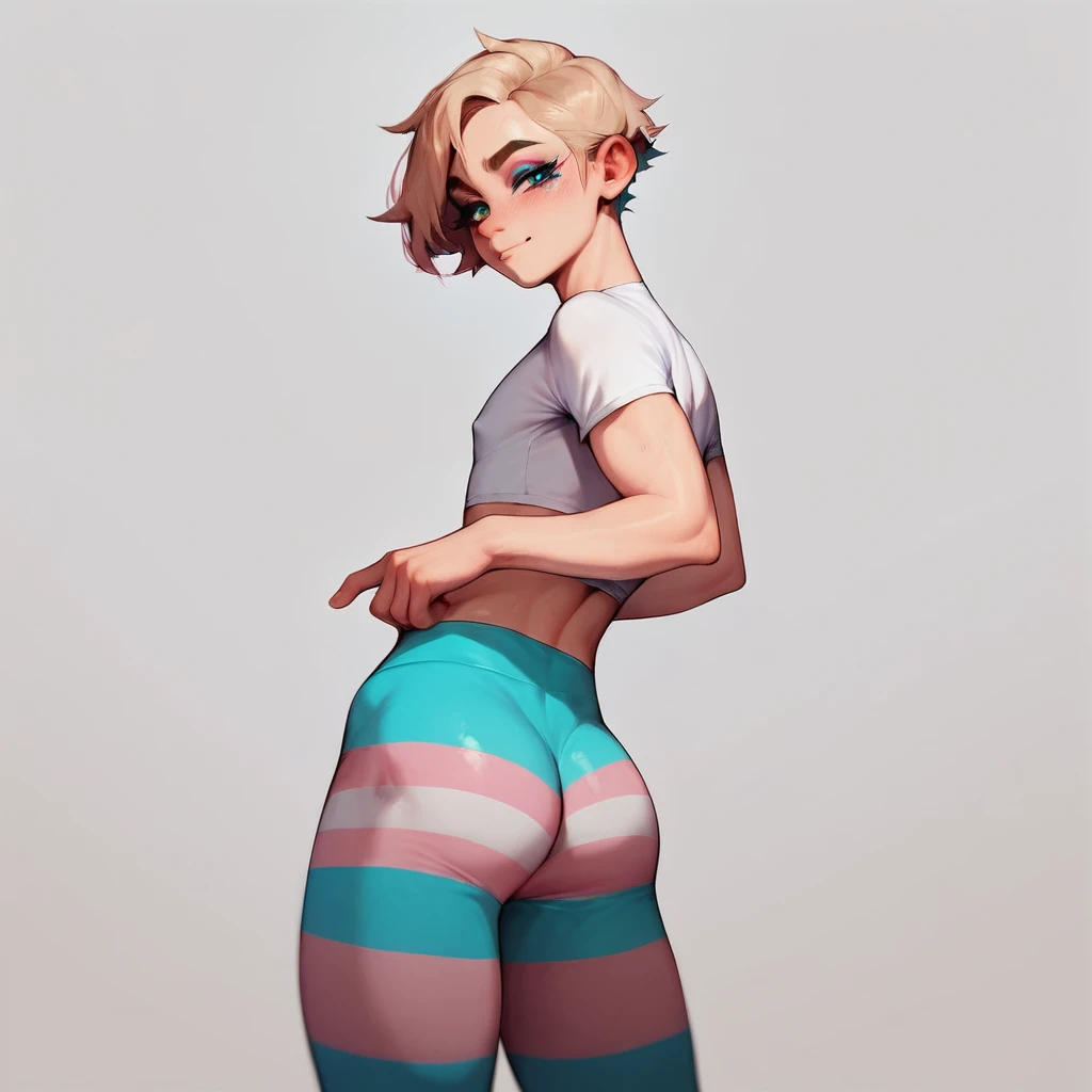 score_9, score_8_up, score_7_up, score_6_up,
simple background, white background, 
1boy, femboy, solo, standing, looking at viewer, cowboy shot, from behind, transgender pride colors, pants, trans pants, striped yoga pants, tight pants, white shirt, logo, 
 <lora:trans_colors-v15:0.8>