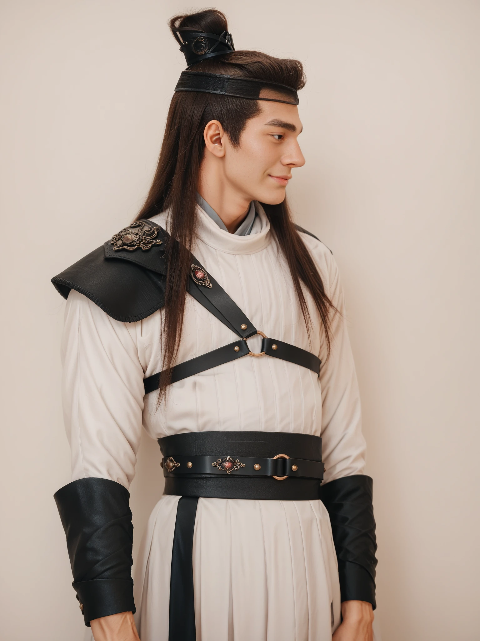 score_9, score_8_up, score_7_up, score_6_up, score_5_up, score_4_up,  1boy, ((profile)),  full body, light smile,  male focus, yulexuanblk, long pleated dress, topknot, hair bun, simple background, hanfu, long hair, brown hair, hair ornament, belt, toned,  <lora:yulexuanblkponyv2:0.75>