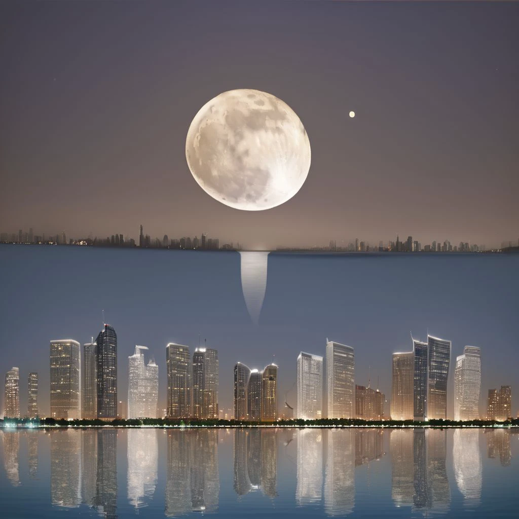 cityscape, water, moon