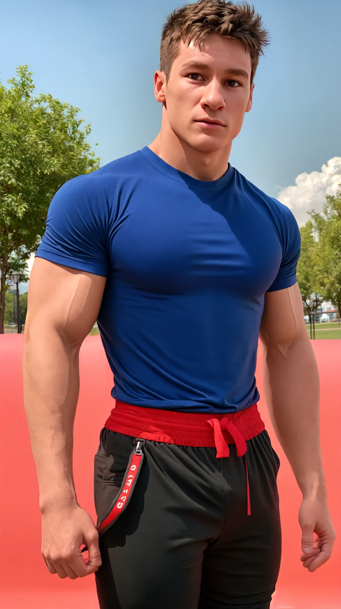 (muscular:1.3), (face focus). (masculine:1.3), large strong physique:1.0, at outdoor sunny park, (muscular man wearing tight tshirt :1.2), (wearing matching pants), sexy pose:1.0, styled hair, confident, handsome, (((masterpiece))), (((best quality))), (hands on waist), male, athletic, looking at viewer, (short hair), lower color saturation:1, lower contract color:1, (male),  <lora:KylePrettyboyAllen (1):1>, KylePrettyboyAllen