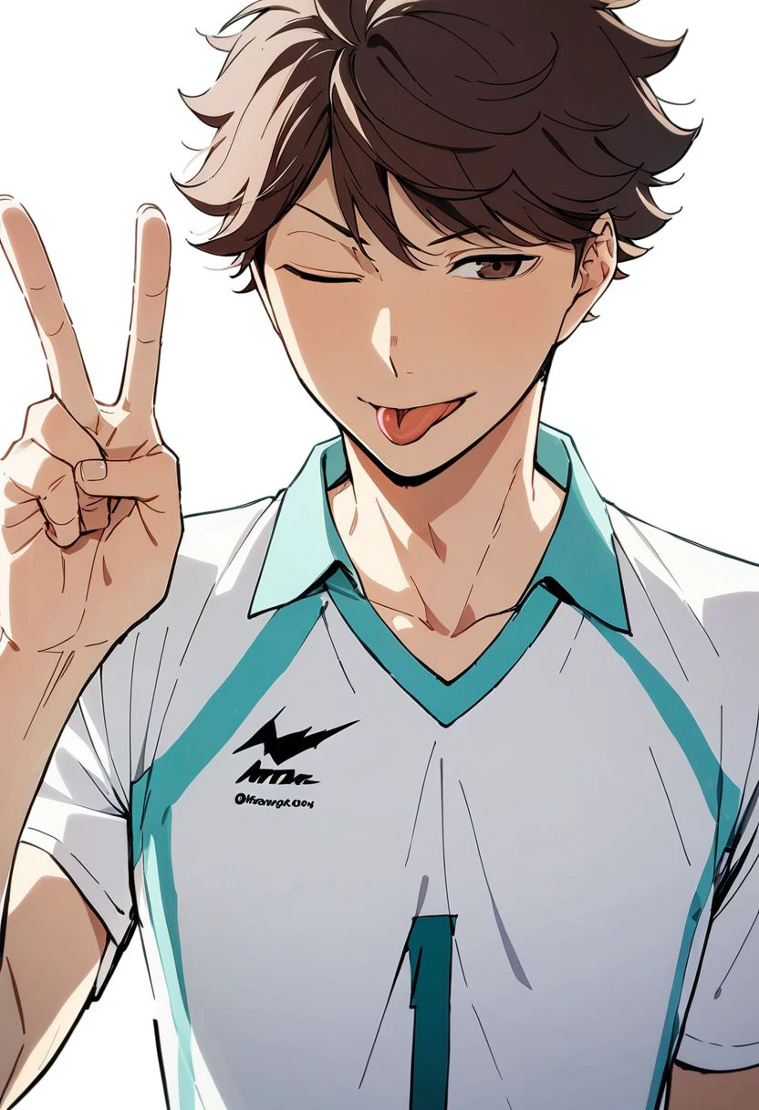 1boy, solo, male focus, oikawa_tooru, volleyball uniform, white shirt, short sleeves, upper body, tongue out, one eye closed, v, hand up, (SuperQuality), best quality, masterpiece