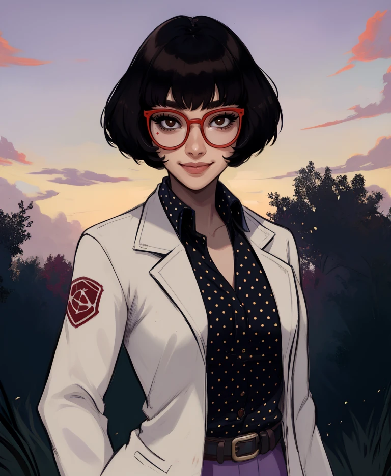 docb4b,brown eyes,black hair,medium hair,
lab coat,polka dot purple shirt,red glasses,rubber gloves,
smile,       
outdoors,looking at viewer,evening,
(insanely detailed,  masterpiece, best quality),solo,<lora:DocB4B:0.9>,