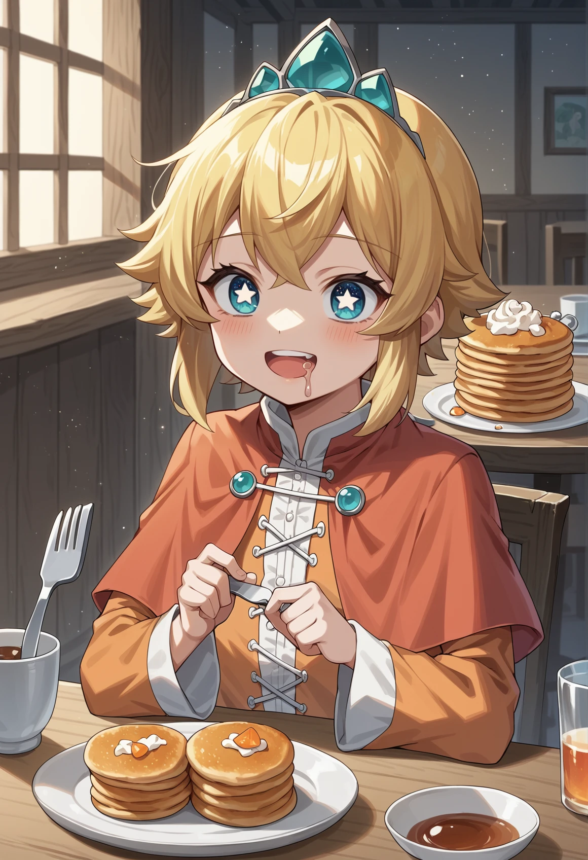 1girl, blonde hair, short hair, blue eyes, tiara, capelet, white shirt, orange dress, long sleeves, frills,  flat chest, sitting, holding, fork, knife, table, pancakes, whipped cream, drool, smile, starry eyes, anime screencap  <lora:Little_Princess_Guardian_tales:1>, score_9, score_8_up, score_7_up, score_6_up, score_5_up, score_4_up, BREAK source_anime, masterpiece