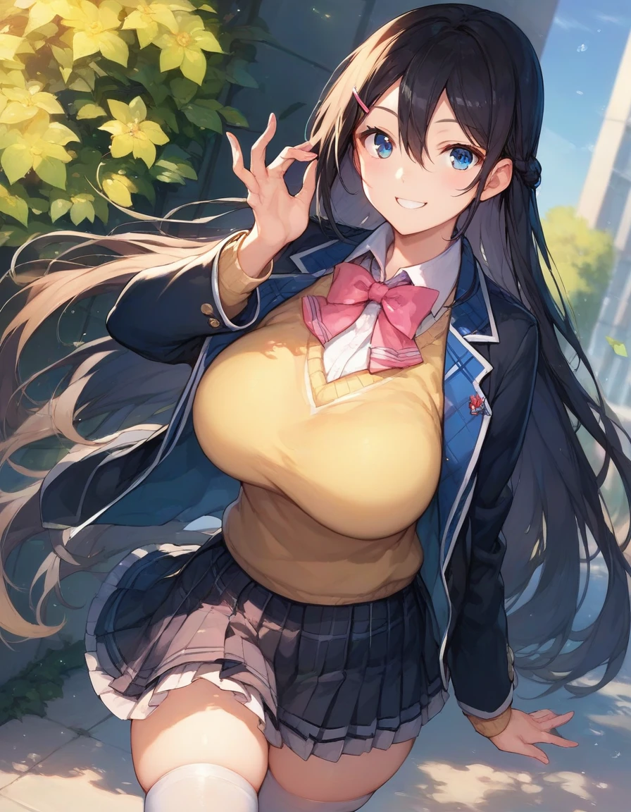 score_9,score_8_up,score_7_up,score_6_up,official art,solo,outdoors,smile,cowboy shot,looking at viewer,facing viewer,Tsukino Mito,very long hair,black hair,french braid,hair ornament,hairclip,hair between eyes,parted bangs,blue eyes,school uniform,black jacket,blazer,wing collar,pink bowtie,yellow sweater vest,white shirt,collared shirt,dress shirt,large breasts,skindentation,long sleeves,miniskirt,black skirt,plaid skirt,pleated skirt,frilled skirt,zettai ryouiki,white thighhighs,loafers,<lora:Tsukino Mito(vl)-Pony>,<lora:Smooth Anime Style LoRA XL>,