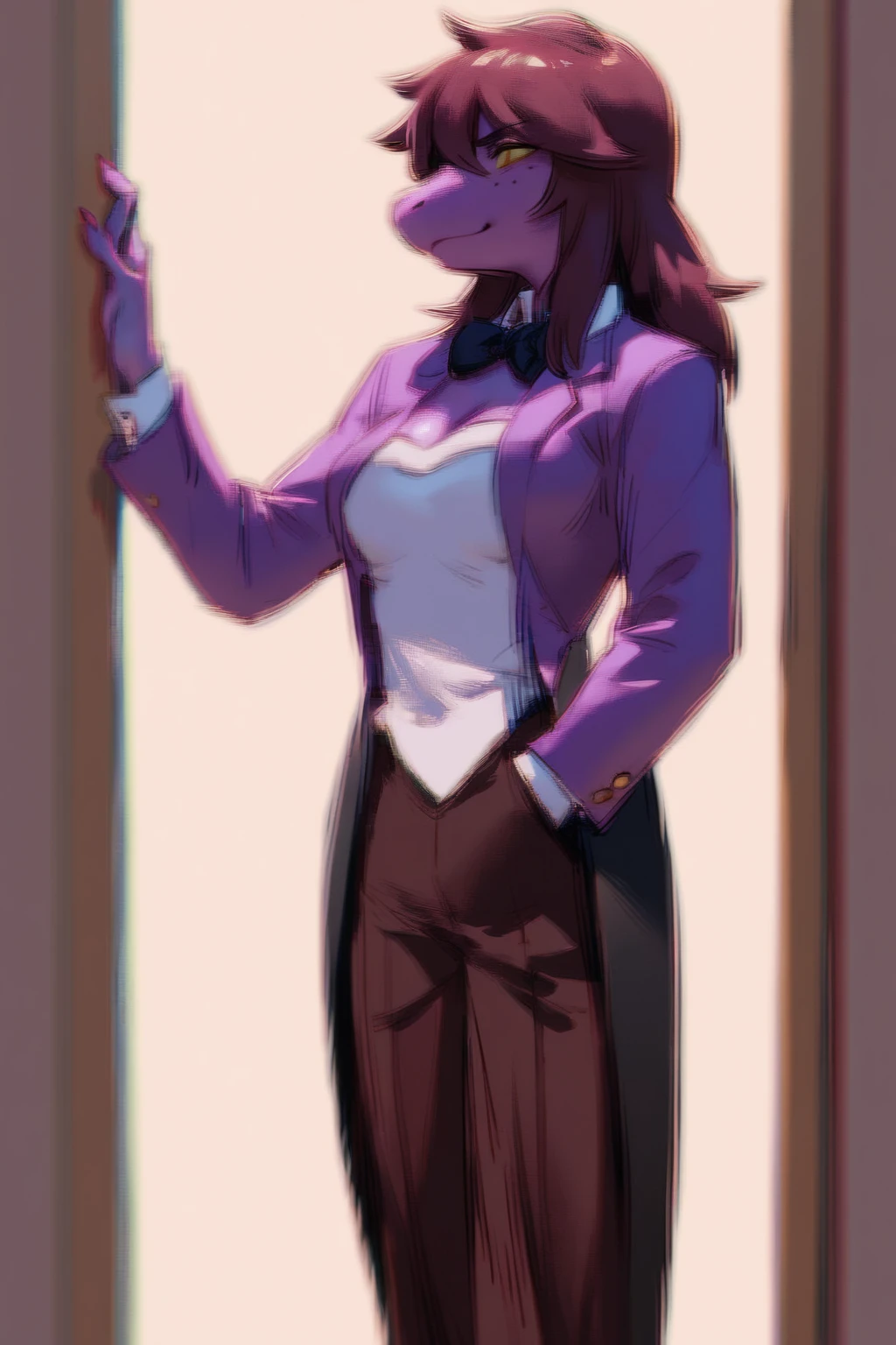 intricate details, score_9, score_8_up, score_7_up, score_6_up, score_5_up, source_anime,  <lora:Susie_-_Deltarune:1> susie_dr, anthro, scalie, doorway, tuxedo, confident, medium breasts