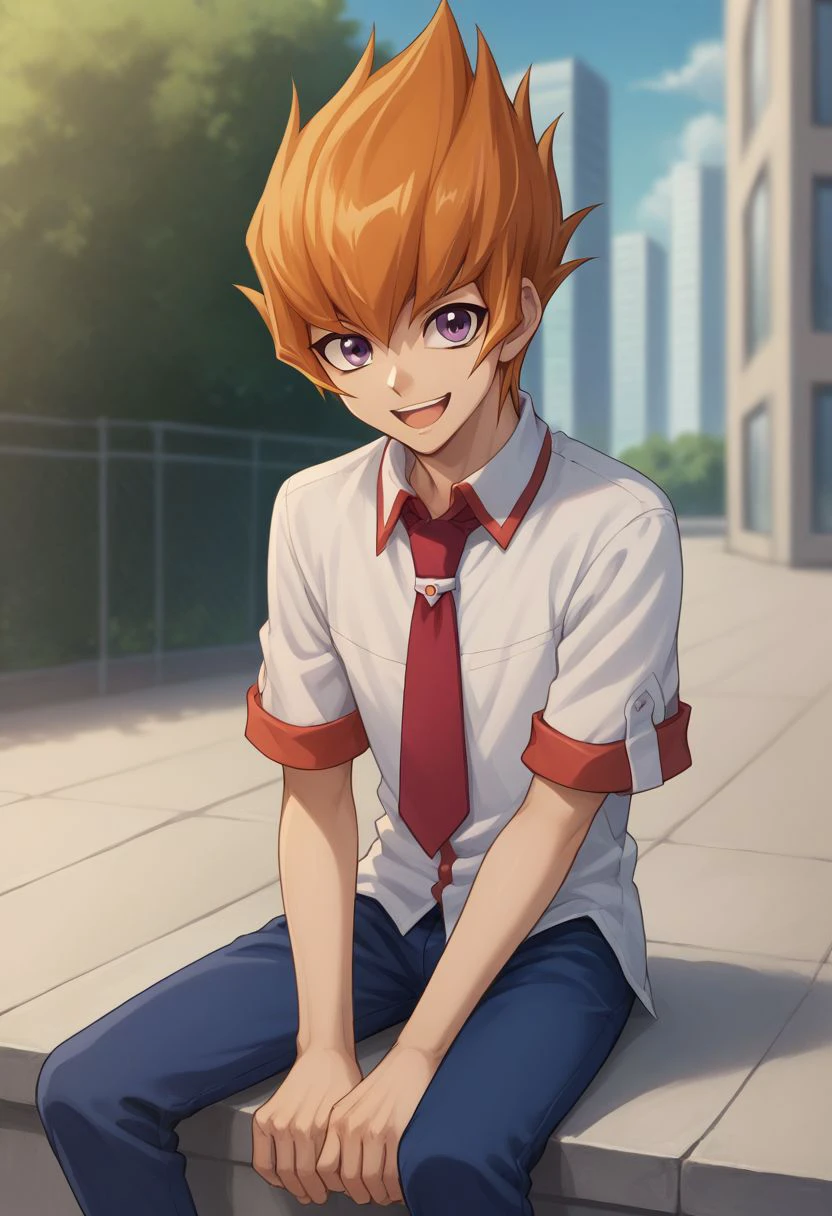 score_9, score_8_up, source_anime, highly detailed, 
rei, 1boy, solo, male focus, purple eyes, necktie, smile, open mouth, school uniform, pants, red necktie, orange hair, blue pants, shirt,
outdoor, sit,