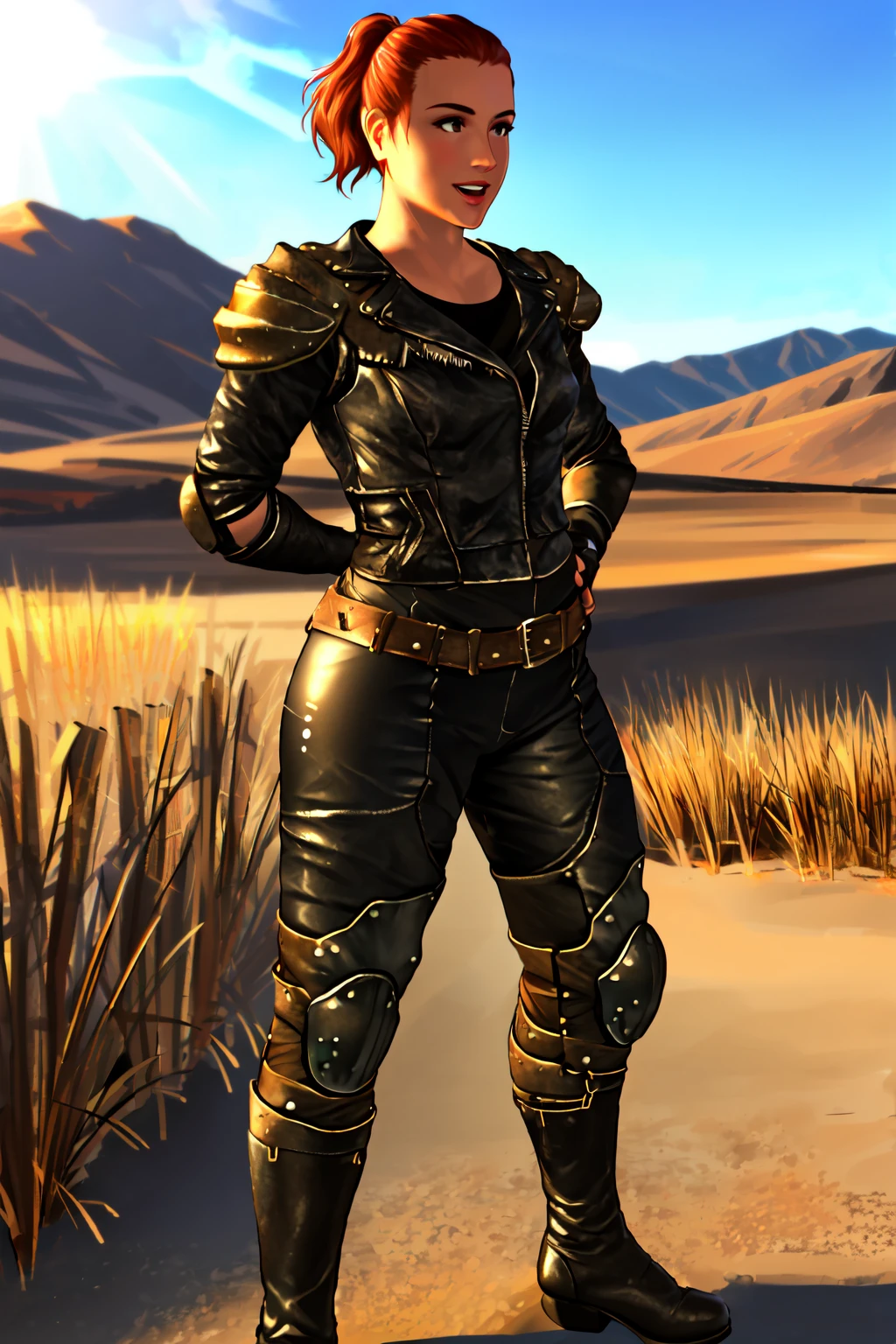 masterpiece,best quality,1girl,sunnysmilesfnv, <lora:Sunnysmilesfnv:0.8>,standing,crossed arms,full body,leather jacket,pants,armor,happy,:d,boots,outdoors,in desert, fcPortrait