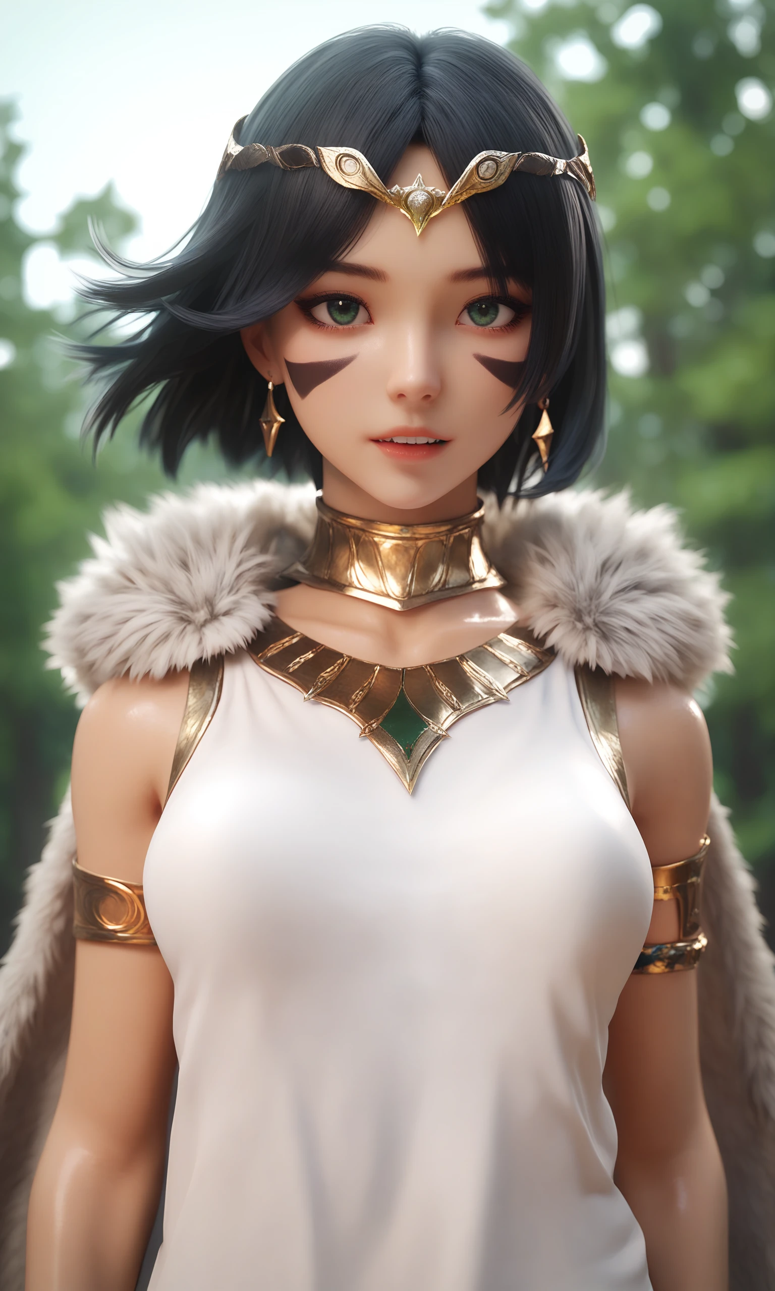 core_9,score_8_up,score_7_up,score_6_up,score_5_up,score_4_up,shiny_skin,
1girl, armlet, bangs, black hair, black undershirt, breasts, cape, circlet, earrings, facepaint, floating hair, forest, fur cape, green eyes, jewelry, looking at viewer, medium breasts, nature, necklace, outdoors, parted bangs, shirt, short hair, sleeveless, sleeveless shirt, solo, tooth necklace, tree, upper body, white shirt