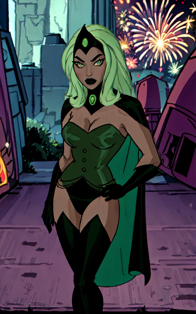 ((masterpiece,best quality)),(highres), night,
(contrapposto)<lora:DC_JLU_EmeraldEmpress_ownwaifu:1>,
DC_JLU_EmeraldEmpress_ownwaifu,
1girl, long hair, green hair, lipstick, dark skin, cape, makeup, medium breasts, cleavage, green eyes, thighhighs, black lips, gloves, black gloves, leotard, elbow gloves, green thighhighs, yellow eyes, dress, bare shoulders, crown, forehead jewel, gem, tiara, 
balcony, aerial fireworks, vanishing point, depth_of_field, scenery,  solo, cowboy shot, looking at viewer, absurdres,