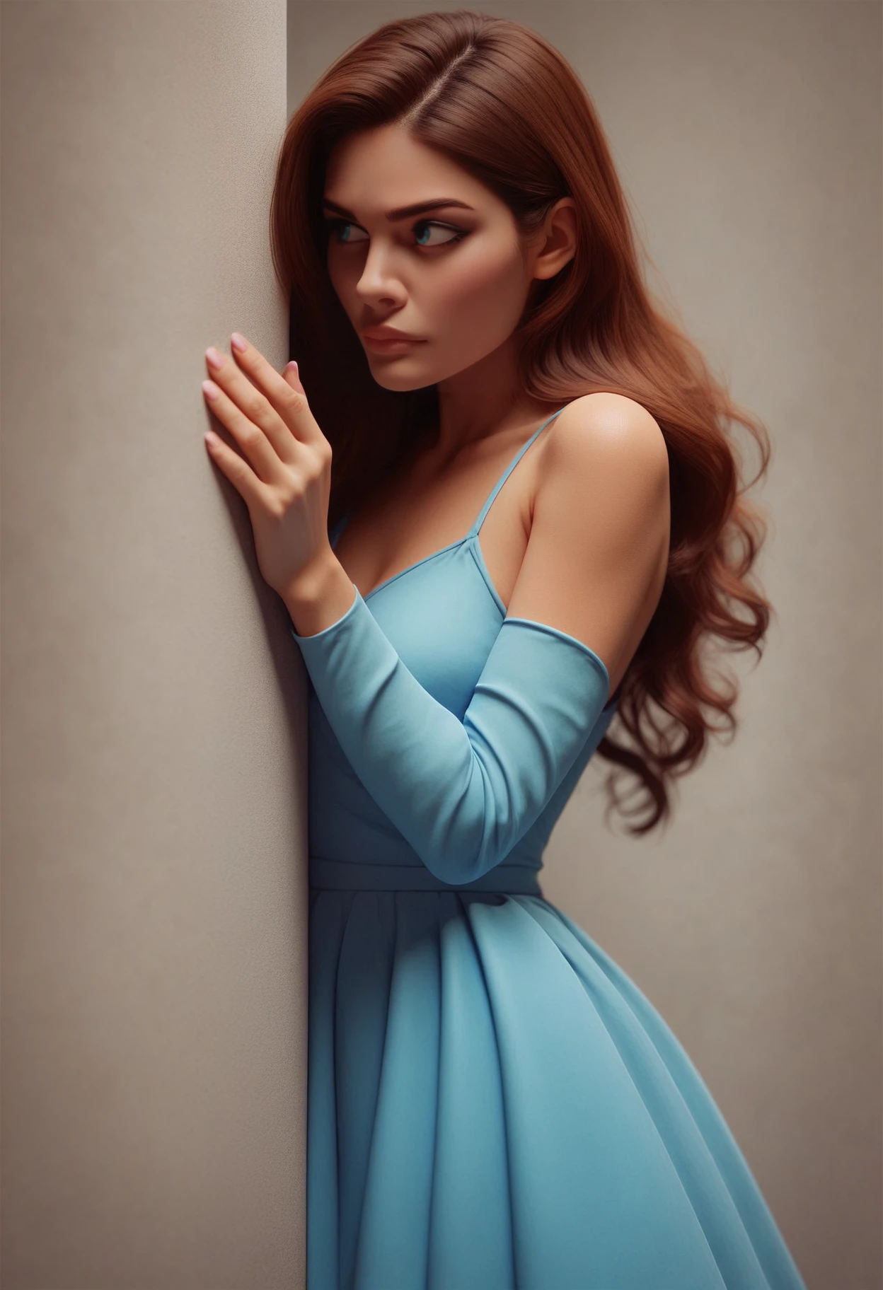 score_9_up, score_8_up, score_7_up, (cornering), taking cover, 1girl, blue eyes, dress, <lora:Corneringv1:0.8>