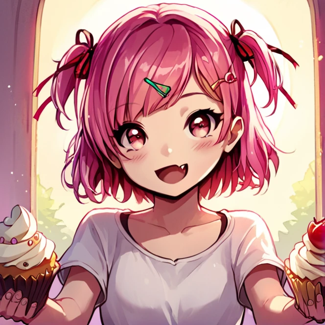 score_9, score_8_up, score_7_up, , <lora:cupcake_overdose_pony:0.8>,source_anime,fantasy,high resolution,
CupcakeOverdose,, 1girl,solo,looking at viewer,blush,smile,short hair,open mouth,bangs,shirt,hair ornament,ribbon,collarbone,hair ribbon,white shirt,pink hair,short sleeves,:d,food,hairclip,fang,pink eyes,two side up,fruit,skin fang,backlighting,cake,sun,,cupcake,whipped cream