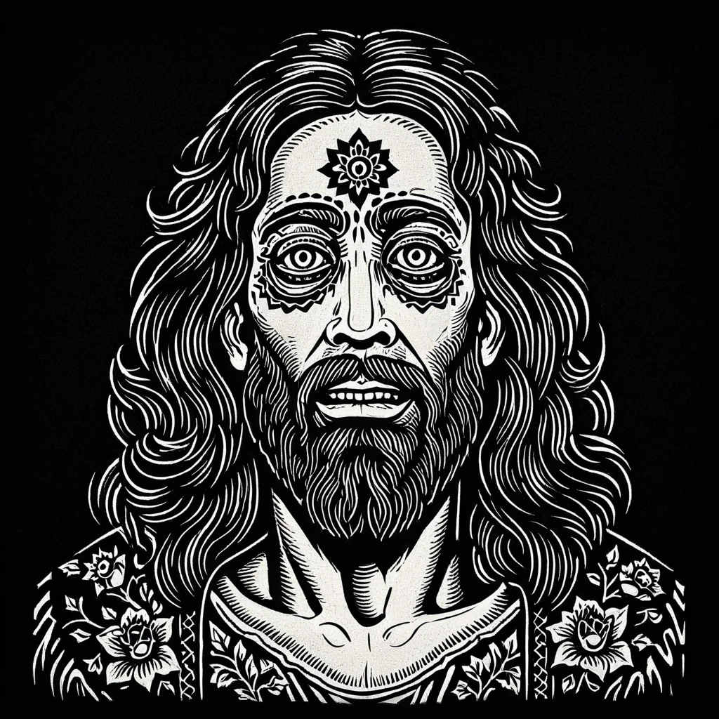 tcc_modernwoodcut, woodcut illustration of  Jesus, Day of The Dead, black background, detailed, engraving
 <lora:Modern_Woodcut:0.85>