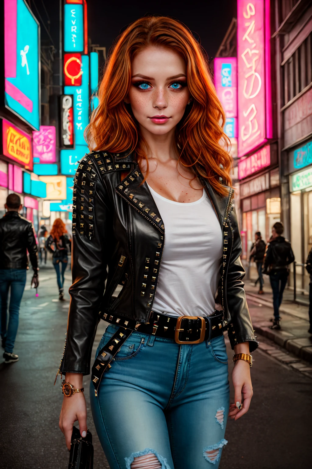 comic style, professional, 4k, highly detailed, outline, Sketch, ((masterpiece)), UHD, HDR, best quality, beautiful woman, pretty eyes, cute, (medium shot), 
long ginger hair, blue eyes, freckles, busty body, pale skin, cyberpunk city background, night time, cyan and magenta neon lights, ((cyberpunk street clothes, black leather jacket, plain shirt, ripped jeans, rivets, belt with glowing buckle, makeup))), 
<lora:add_detail:0.7> 
<lora:EnhancedDetail:0.7>
 <lora:Gingerella:0.7>