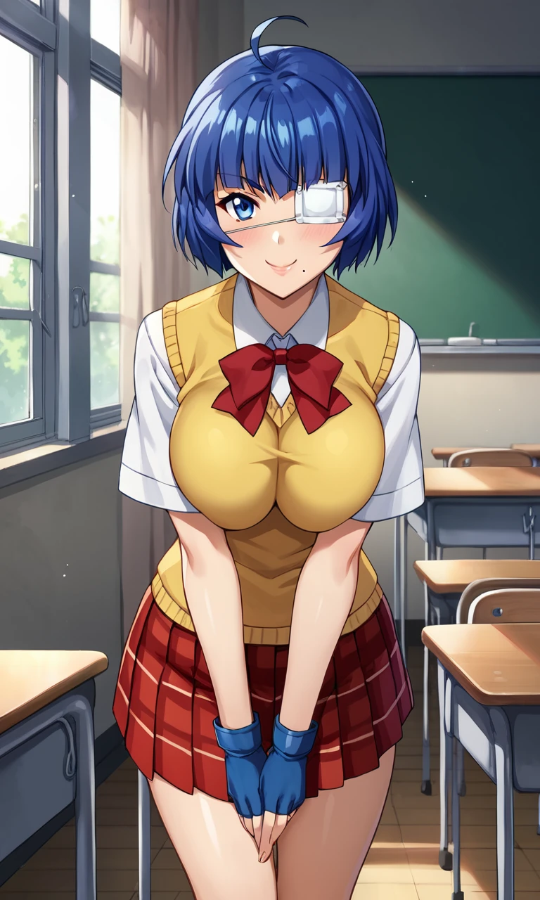 score_9, score_8_up, score_7_up,  source_anime,  <lora:ryomou_shimei:1> ryomoxl, short hair, ahoge, blue hair, medical eyepatch, one mole under mouth, blue eyes, large breasts, school uniform, yellow sweater vest, collared shirt, white shirt, short sleeves, miniskirt, red skirt, pleated skirt, plaid skirt, blue gloves, fingerless gloves,  classroom, leaning forward, smile, light blush, looking at viewer, standing, v arms