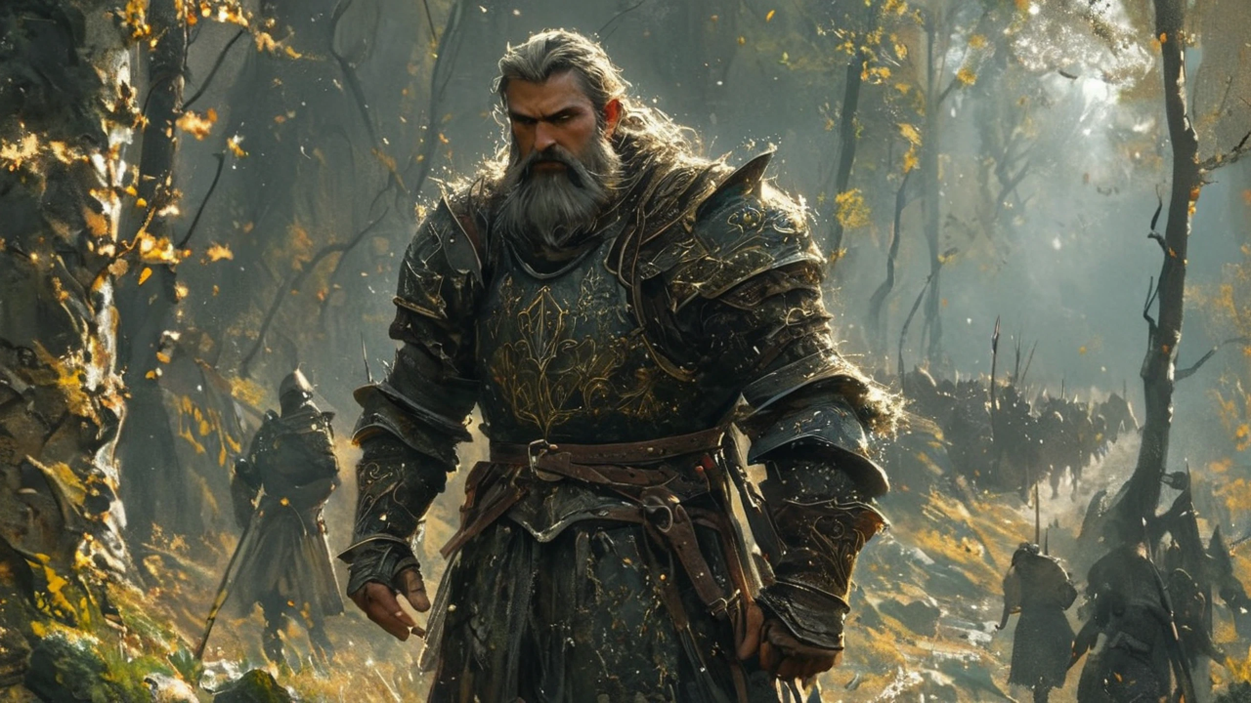 ray tracing,depth of field,subsurface scattering,
facial hair, Short beard, Short hair,
contrast, illustration lighting, illustration man,
detailed hair, detailed eyes, illustration photo of a forest in autumn, standing, wearing black armor,messy hair,mountains,medieval scenery, natural light, god rays, dirty face, rugged, masterpiece, best quality, ultra-detailed, high res, (((medieval-forest-inside-scenery))), townsfolk, background characters, fantasy art, fantasy, action shot, highly detailed, digital painting, intricate, elegant, d&d, dreamlike, surrealism, vibrant lighting, illustration
