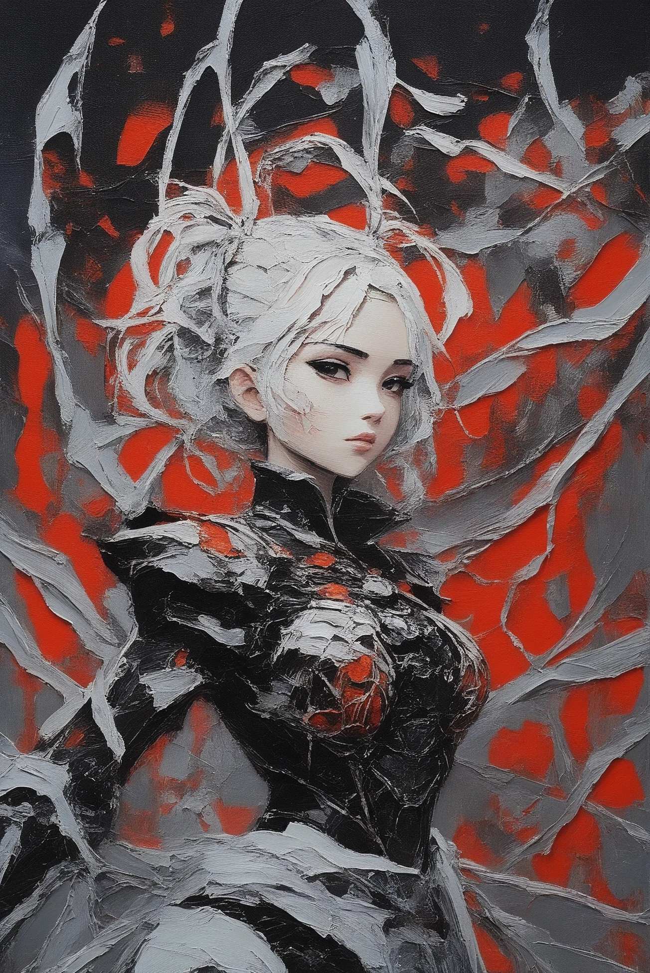 <lora:EnvyStarlightThickPaletteKnife02:1.6>oil painting, palette knife, thick brush strokes, epic mecha anime, Spider Queen's Web