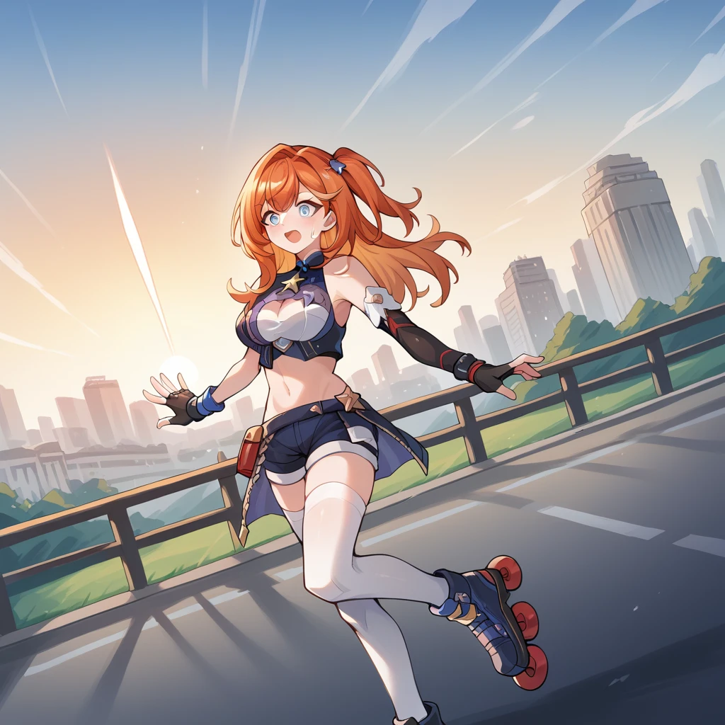 score_9_up, score_8_up, score_7_up, score_6_up, source_anime, 1girl, solo, Senadina, Sena_Default, extremely detailed fine touch, sun rays, ray tracing, masterpiece, best quality, highly detailed, close up, roller skating, ramp, surprised, in motion, helmet, long hair, blue eyes, gloves, red hair, black gloves, fingerless gloves, orange hair, streaked hair, clothing cutout, star hair ornament, detached sleeves, skirt, navel, midriff, white thighhighs, crop top, ankle boots, short shorts, one side up, cleavage cutout, portrait, medium breasts, mature body, dynamic cowboy shot, outdoors, cityscape, skate park background