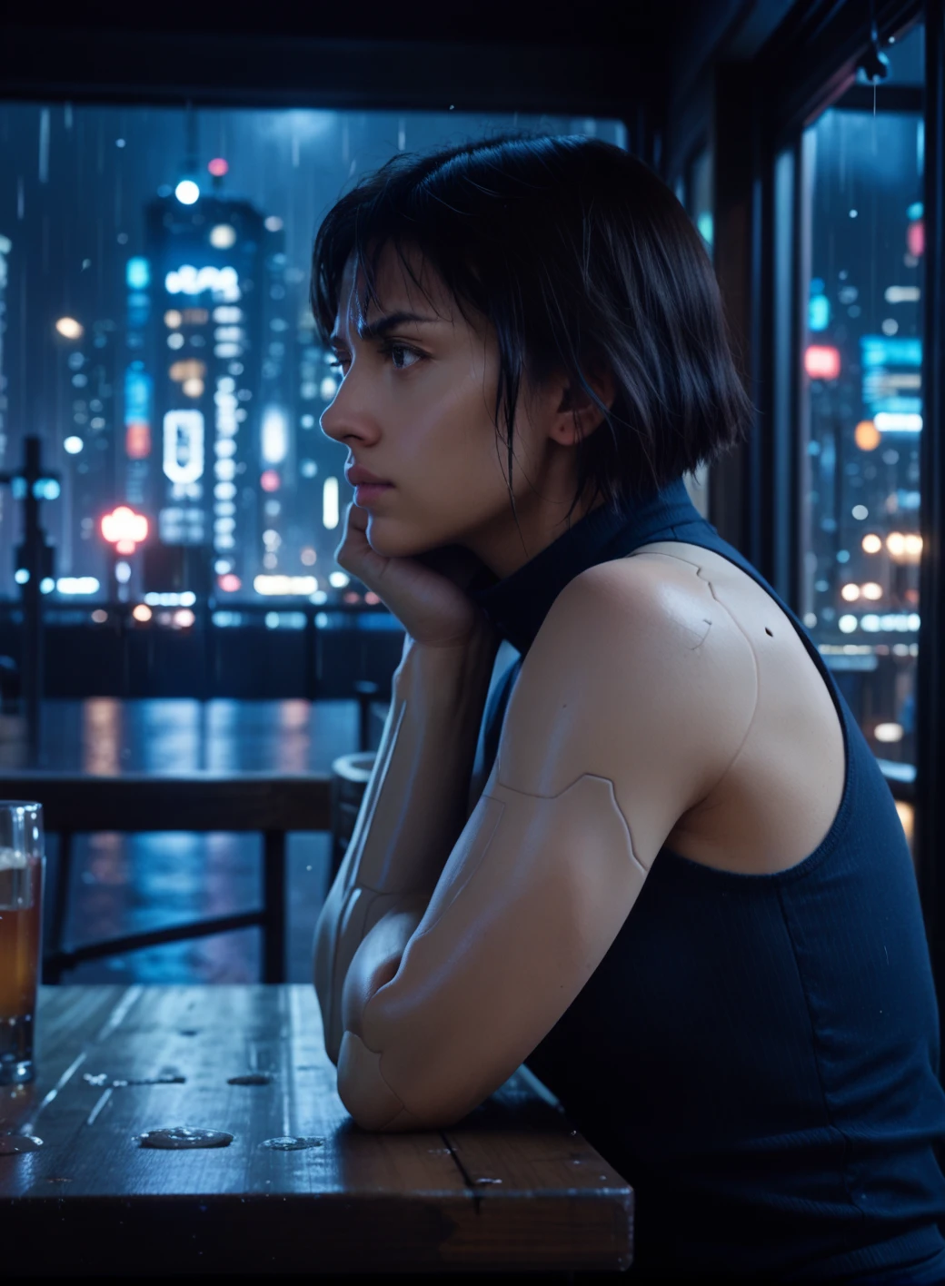 <lora:Major_Motoko_2017:0.7> major_motoko, cyborg, ((in a bar table)), at night, sleeveless, noir, rain outside, city, window, ((forearms on the table)), score_9, score_8_up, score_7_up, score_6_up, score_5_up, score_4_up