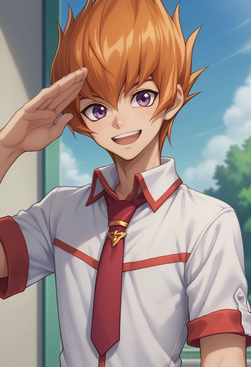 score_9, score_8_up, source_anime, highly detailed, 
rei, 1boy, male focus, solo, open mouth, necktie, purple eyes, school uniform, orange hair, smile, upper body, salute, red necktie, looking at viewer,
outdoor,