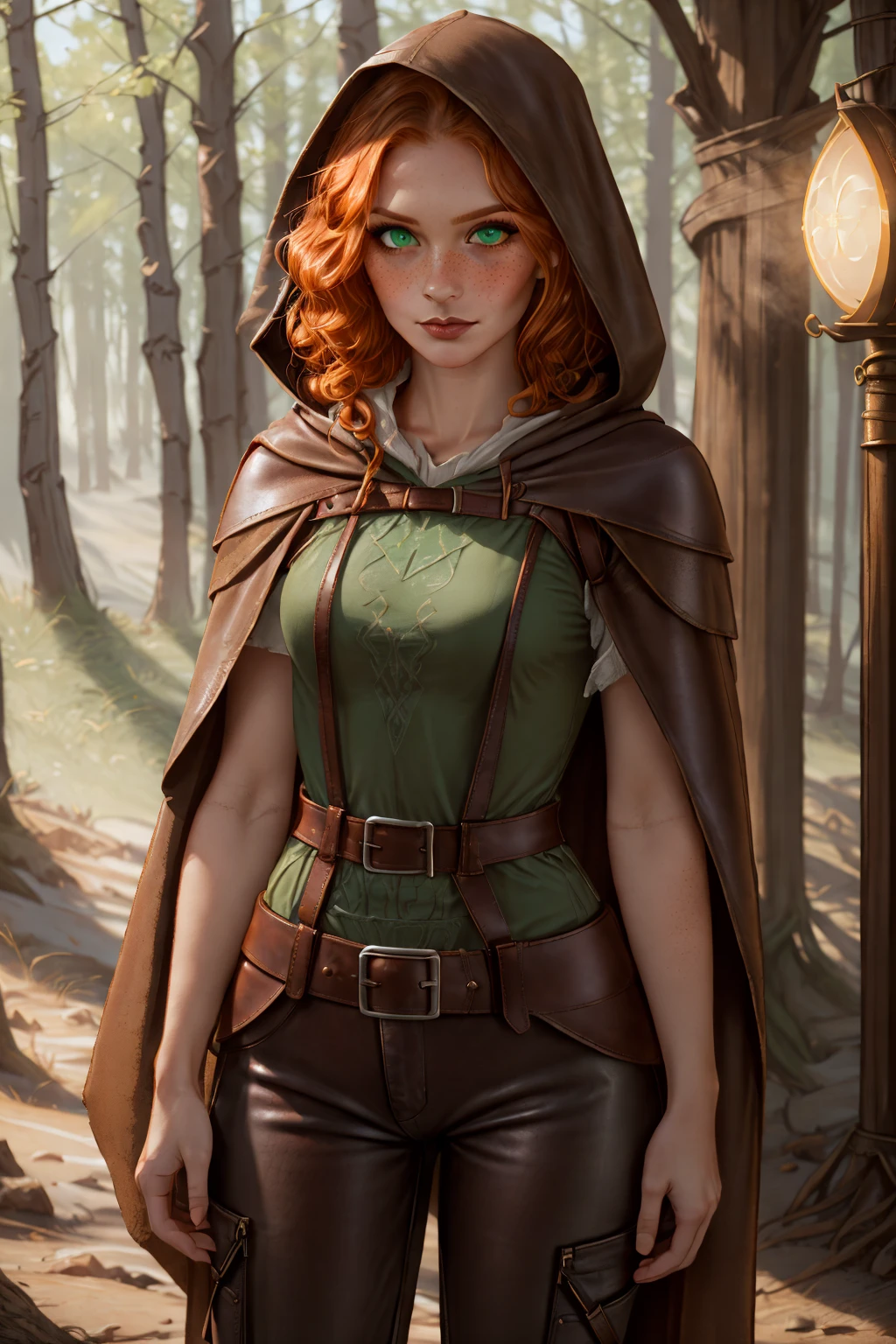 cinematic RAW photo, professional, 4k, highly detailed, masterpiece, beautiful woman, pretty eyes, cinematic lighting, cute, (medium shot),
long wavy & curly ginger hair, green eyes, freckles, busty body, pale skin, outdoor high fantasy background, (((high fantasy adventurer clothing, cloth shirt, pants, leather straps, cloak and dagger, hood))),
<lora:Gingerella:0.7>