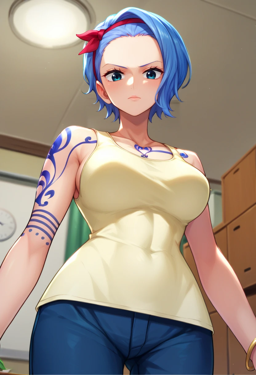 score_9,score_8_up,score_7_up,score_9,score_8_up,score_8,ultra detailed,beautiful face,highres BREAK <lora:nojiko:1>,nojikoSDXL,1girl,solo,short hair,blue hair,blue pants,light blue eyes,bracelet,hairband,tank top,tattoo,tattoo arm,tattoo chest,cowboy shot,room,room background,from below,