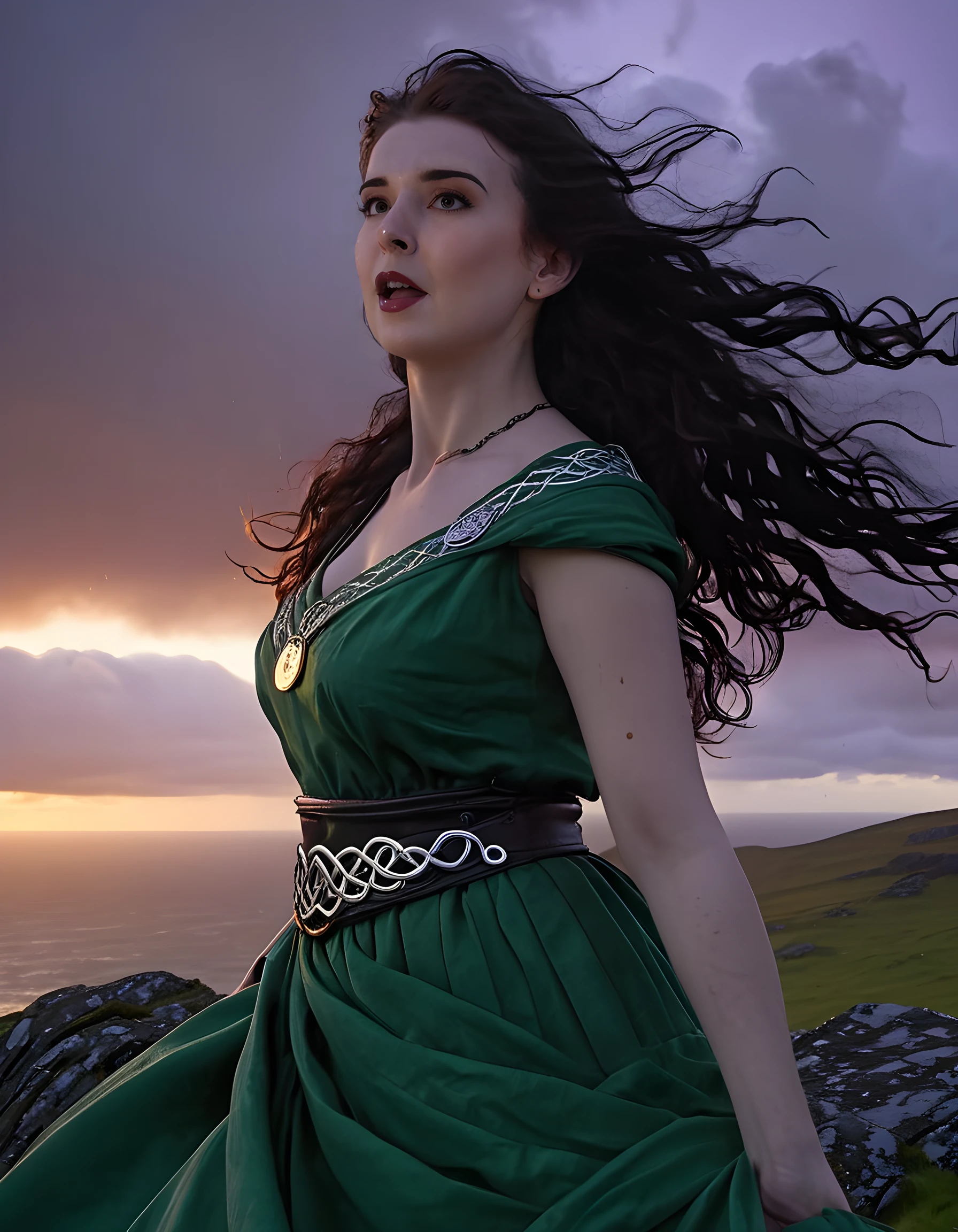 In the ethereal, sunset-drenched landscape of an ancient Gaelic fortress perched upon a windswept cliff overlooking the wild, stormy Irish Sea, Jade, her raven hair cascading like a waterfall down her back, stands resolute and defiant against the elements. Clad in an emerald gown adorned with intricate silver Celtic knotwork that dances in the fading light, she possesses an otherworldly beauty that transcends time itself. Her piercing violet eyes gleam with an unspoken wisdom and strength, as if she has been both witness to and participant in countless centuries of history. A single, silver moon crescent hangs delicately from her ear, casting its gentle glow upon the weathered stones at her feet and the swirling clouds overhead. The wind whips her voluminous skirts around her like a living entity, revealing glimpses of the crimson sash that binds her waist and the delicate silver filigree detailing along the neckline of her gown. Her hands are clasped firmly behind her back, as if to anchor herself against the tempestuous winds and the swirling emotions that threaten to consume her. A solitary tear trickles down her cheek, a testament to both the pain and the courage she has faced in her quest for freedom and justice. The camera captures this moment from a low angle, looking up at her through the torrential rain that pelts the ground around her like a thousand tiny daggers. The sky above is ablaze with hues of orange, pink, and purple as the sun sinks below the horizon, casting long shadows across the landscape and highlighting Jade's resilience in the face of adversity. The haunting melody of a bagpipe wails mournfully in the distance, adding an air of poignancy to this powerful tableau that speaks to the indomitable spirit of the Irish people and their unyielding love for their homeland.