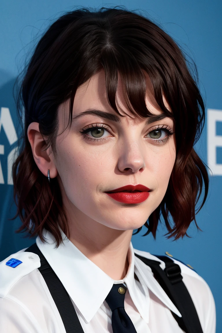 fran, ((red lipstick, blush)), , photo of a woman, , ((police uniform, police badge, police car)), city street, attractive, looking at viewer, ((short hair, messy hair, bangs))