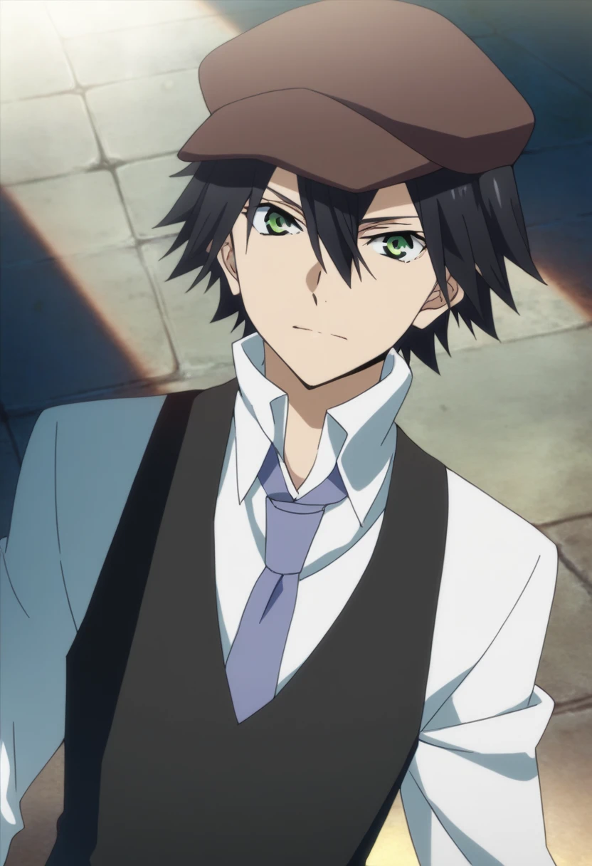 score_9, score_8_up, score_7_up, score_6_up, highly detailed, masterpiece, best quality,detailed,intricate details, amazing quality, best aesthetic, absurdres,source_anime,
 ranpo edogawa, black hair, 1boy, green eyes, male focus, solo, hat, necktie, vest, cabbie hat, blue necktie, shirt<lora:EMS-398896-EMS:1.000000>