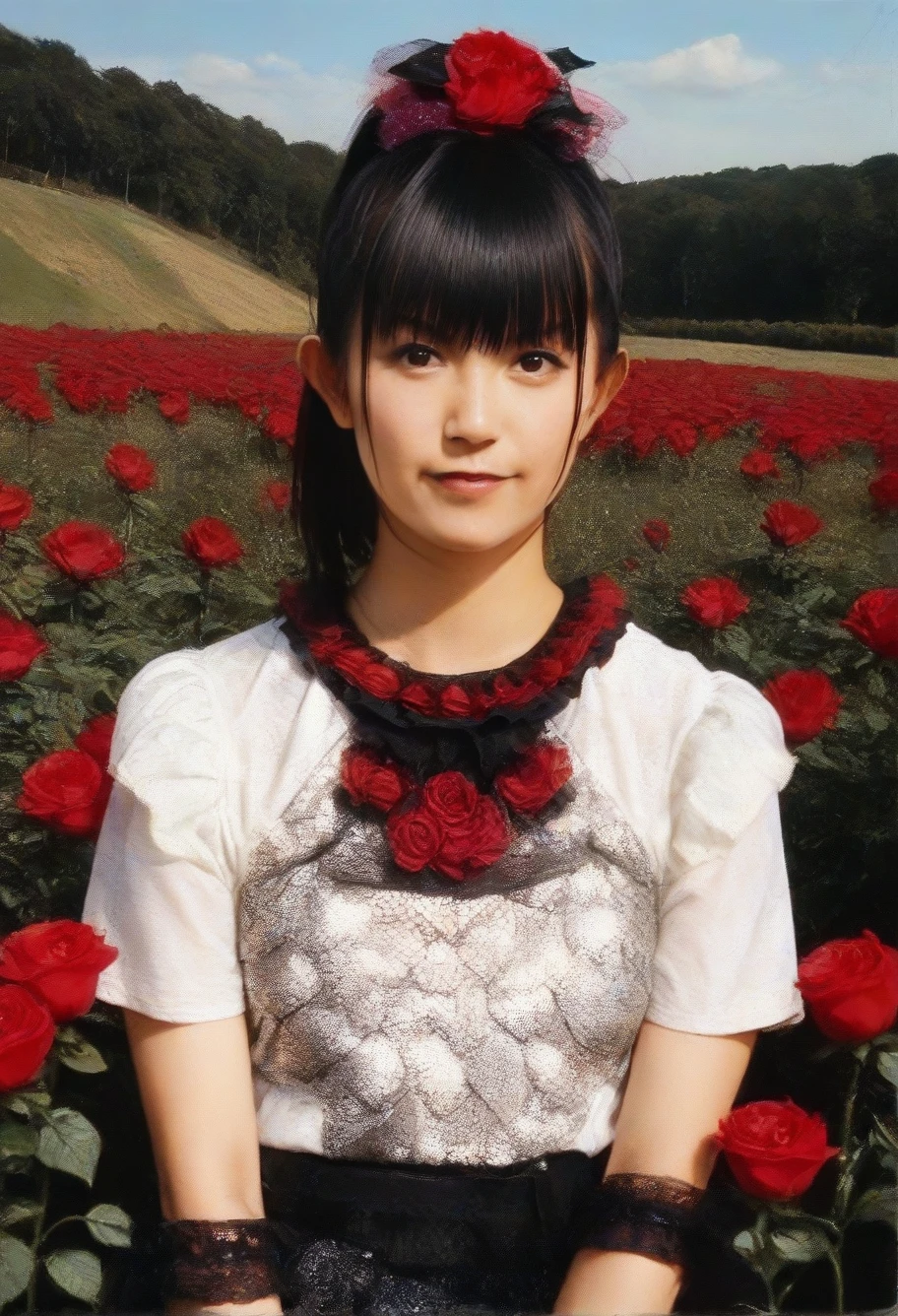 score_9,score_8_up,score_7_up,1girl, black hair, bangs, detailed face, looking at viewer,suzukaPNY,(smile:0.5),outdoors,red rose, wearing a white shirt,field, <lora:suzukaPNY:1> intrincated details